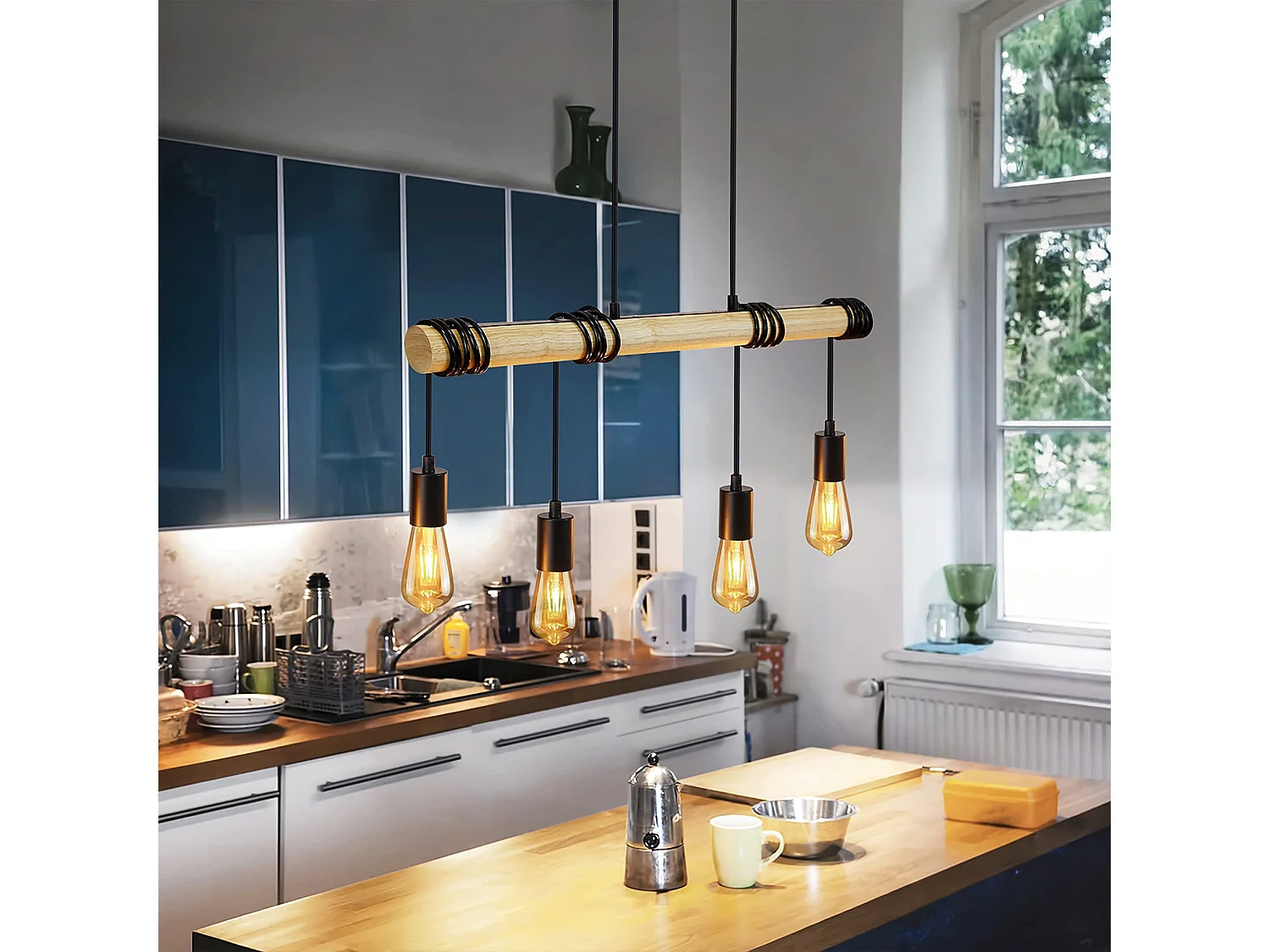 NETTLIFE Lámpara colgante de madera negra Diam.113cm E27  vintage retro 4 llamas lámpara de cocina industrial para  cocina sala de estar