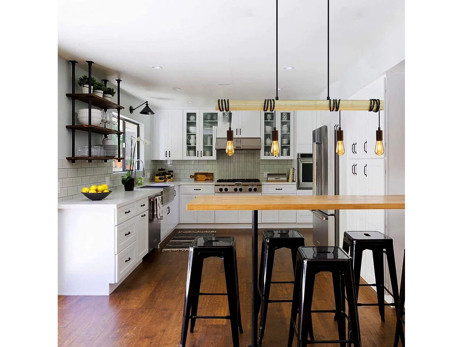 NETTLIFE Lámpara colgante de madera negra Diam.113cm E27  vintage retro 4 llamas lámpara de cocina industrial para  cocina sala de estar