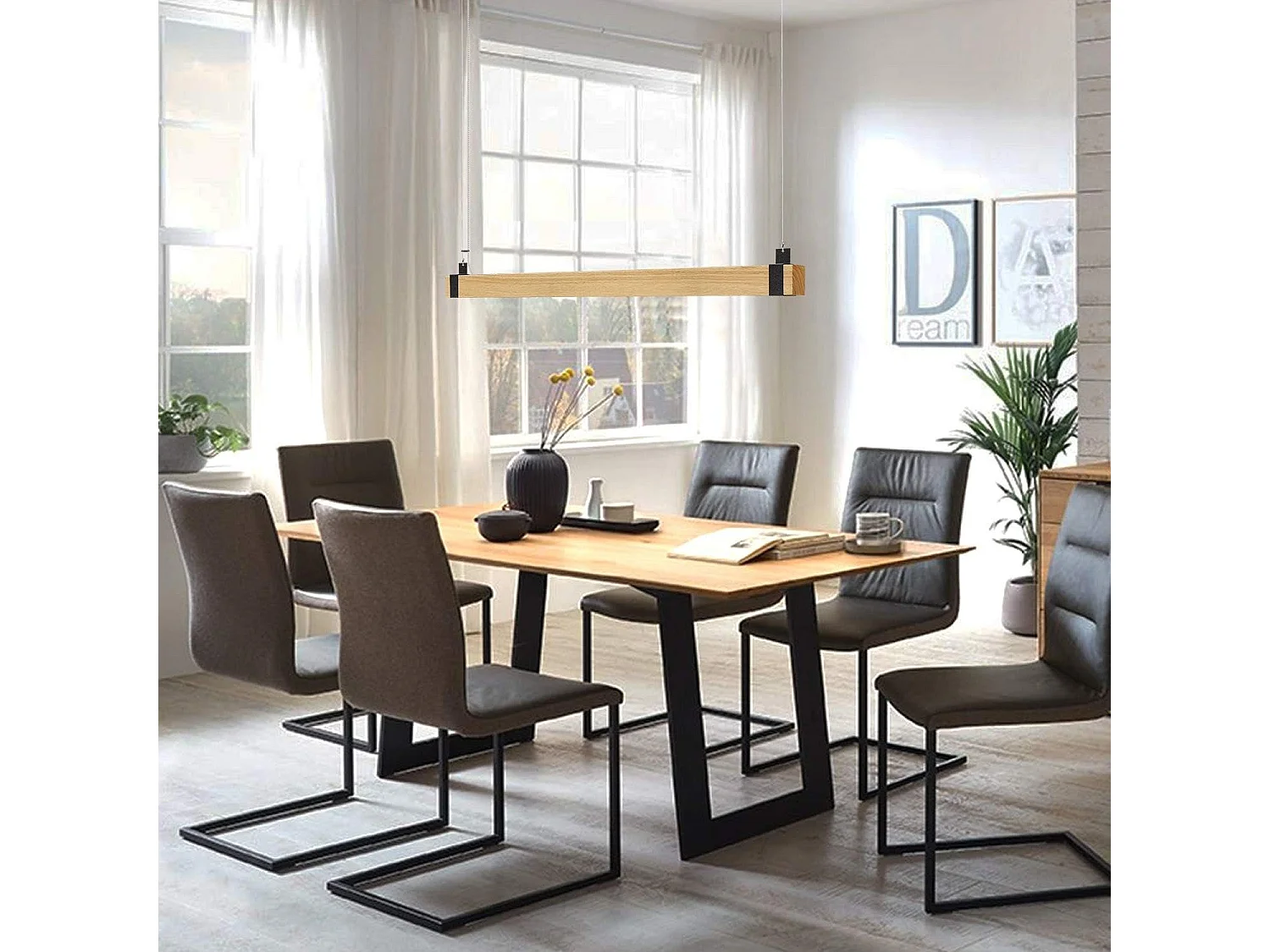 NETTLIFE Vintage lampa wisząca LED z możliwością przyciemniania średnica 100CM drewno i metal 19W przemysłowa lampa do jadalni do salonu sypialnia biuro