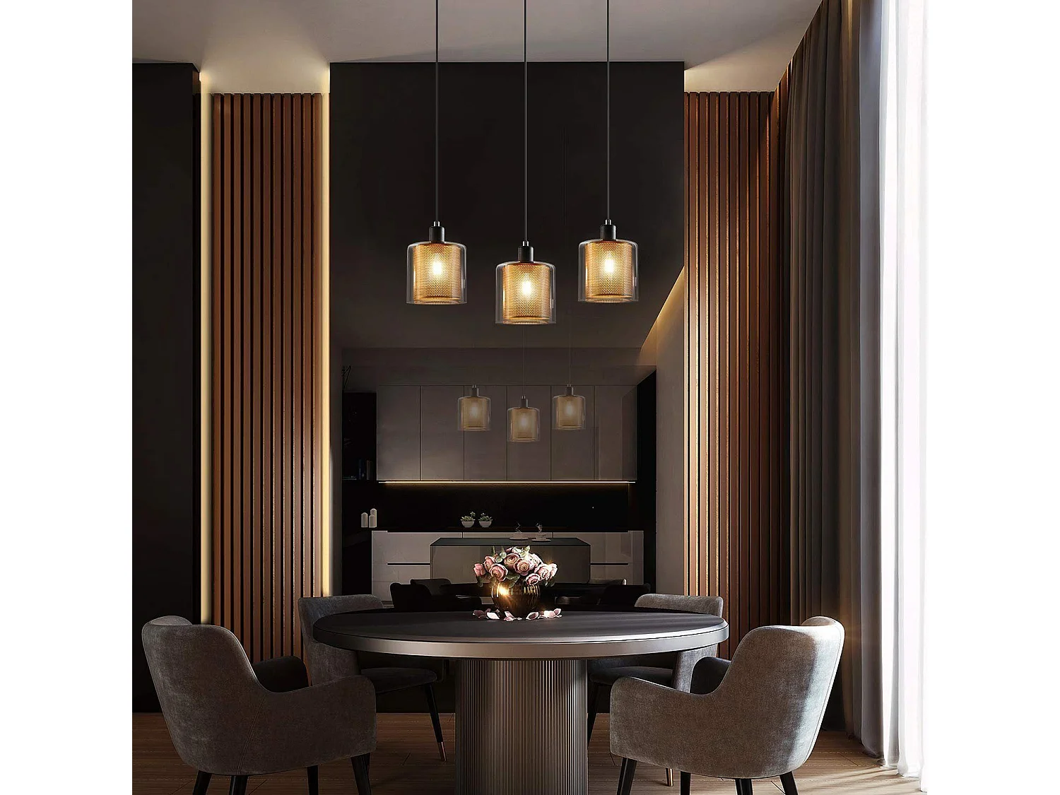 NETTLIFE Pendelleuchte aus Metall in Schwarzgold, E14, Durchm. 171,5 cm, Vintage-Industrieglas, 3-flammig, für Wohnzimmer, Büro, Esszimmer