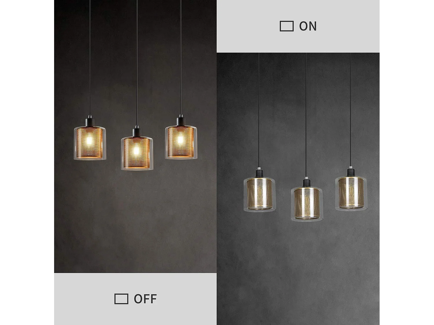 NETTLIFE Pendelleuchte aus Metall in Schwarzgold, E14, Durchm. 171,5 cm, Vintage-Industrieglas, 3-flammig, für Wohnzimmer, Büro, Esszimmer