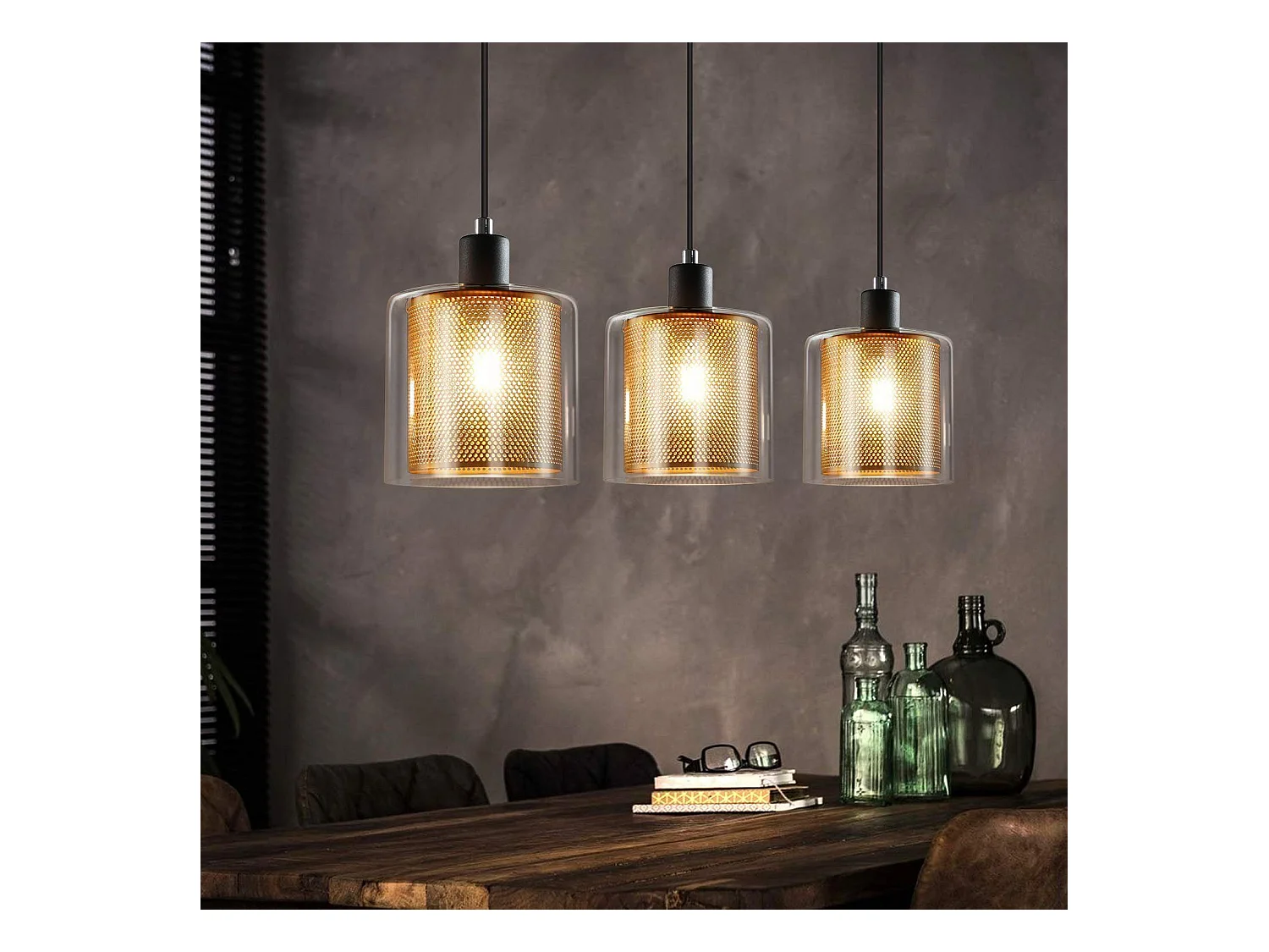 NETTLIFE Suspension métal noir doré E14 Diam.171,5 cm vintage industrielle verre 3 lampes pour salon, bureau, salle à manger