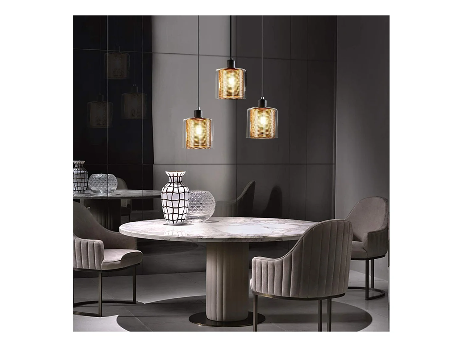 NETTLIFE Lámpara colgante de metal dorado negro E14 Diam.171,5 cm vidrio industrial vintage 3 lámparas para salón, oficina, comedor