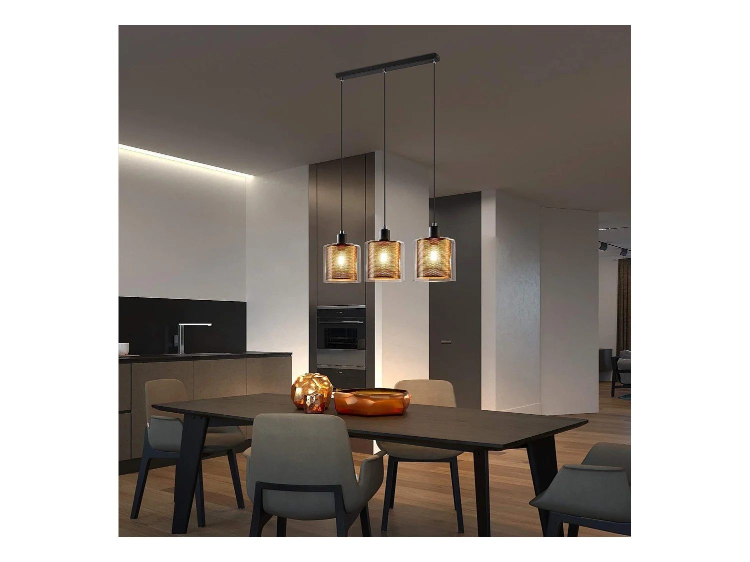 NETTLIFE Lámpara colgante de metal dorado negro E14 Diam.171,5 cm vidrio industrial vintage 3 lámparas para salón, oficina, comedor