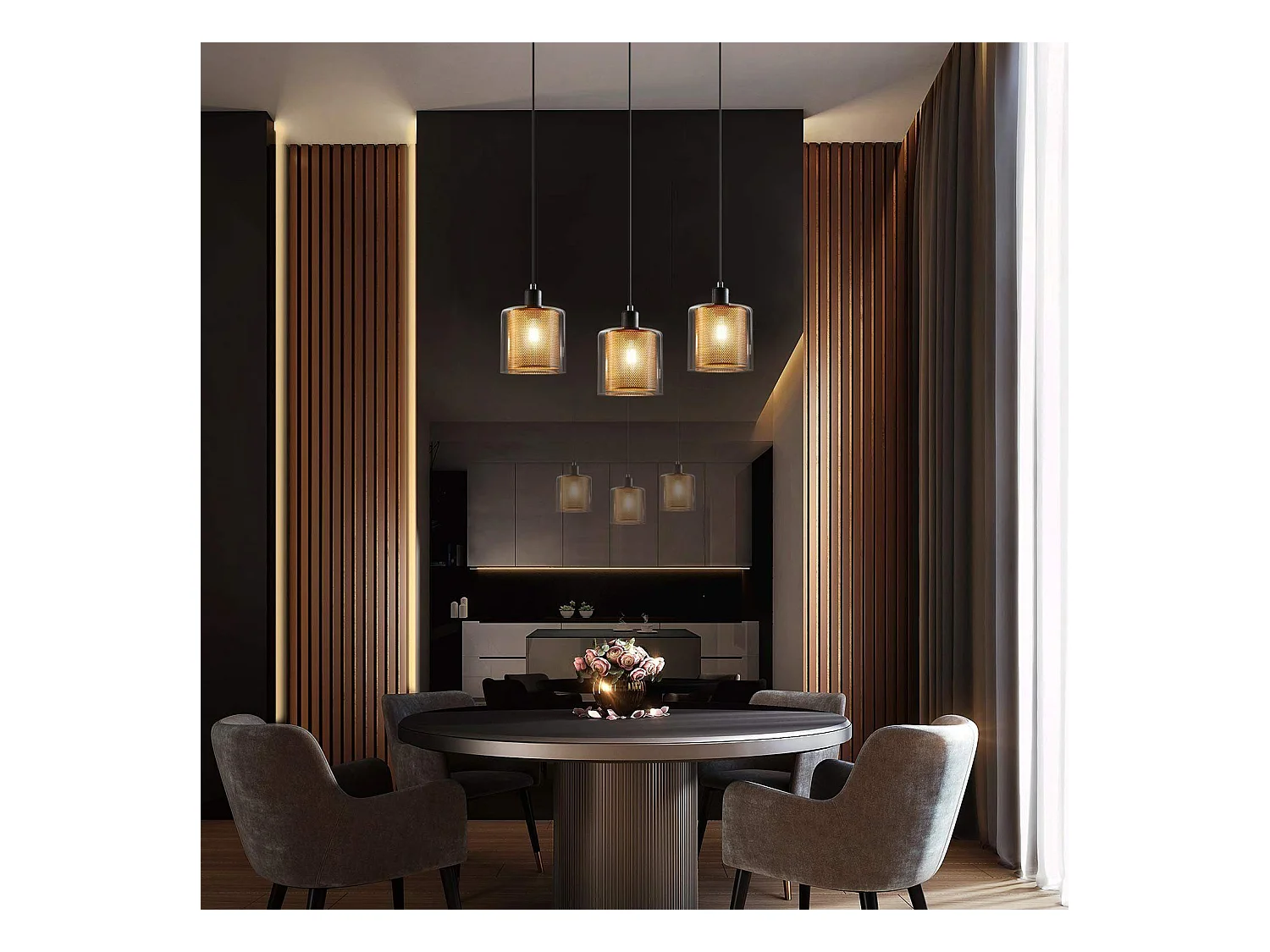 NETTLIFE Lámpara colgante de metal dorado negro E14 Diam.171,5 cm vidrio industrial vintage 3 lámparas para salón, oficina, comedor