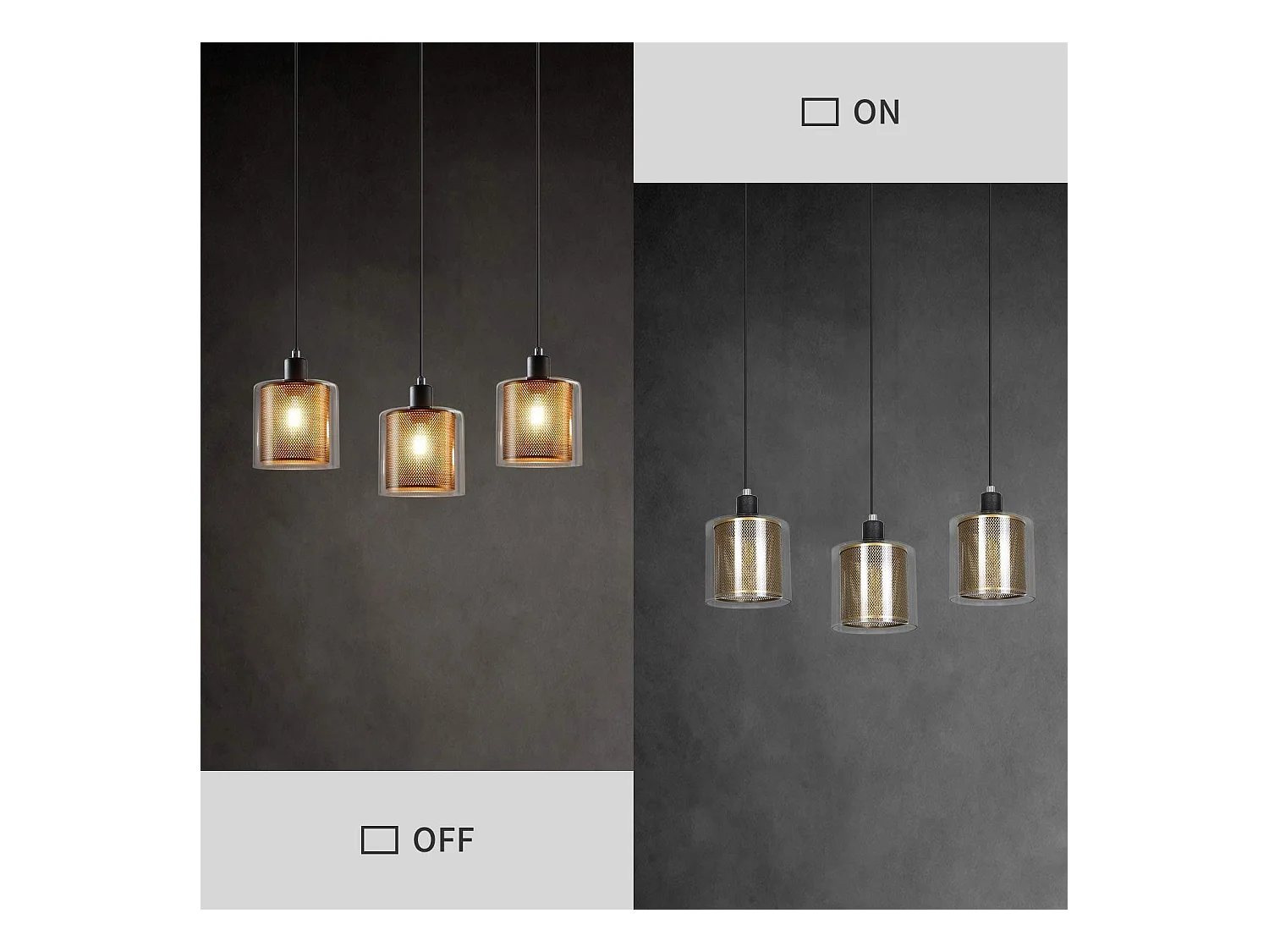 NETTLIFE Lámpara colgante de metal dorado negro E14 Diam.171,5 cm vidrio industrial vintage 3 lámparas para salón, oficina, comedor