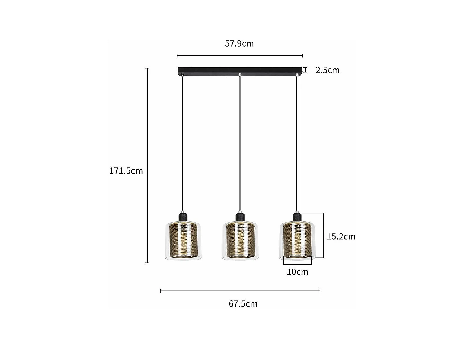NETTLIFE Lámpara colgante de metal dorado negro E14 Diam.171,5 cm vidrio industrial vintage 3 lámparas para salón, oficina, comedor