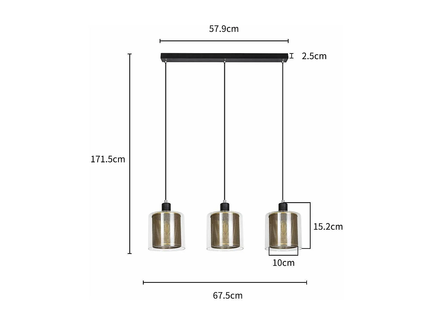 NETTLIFE Suspension métal noir doré E14 Diam.171,5 cm vintage industrielle verre 3 lampes pour salon, bureau, salle à manger