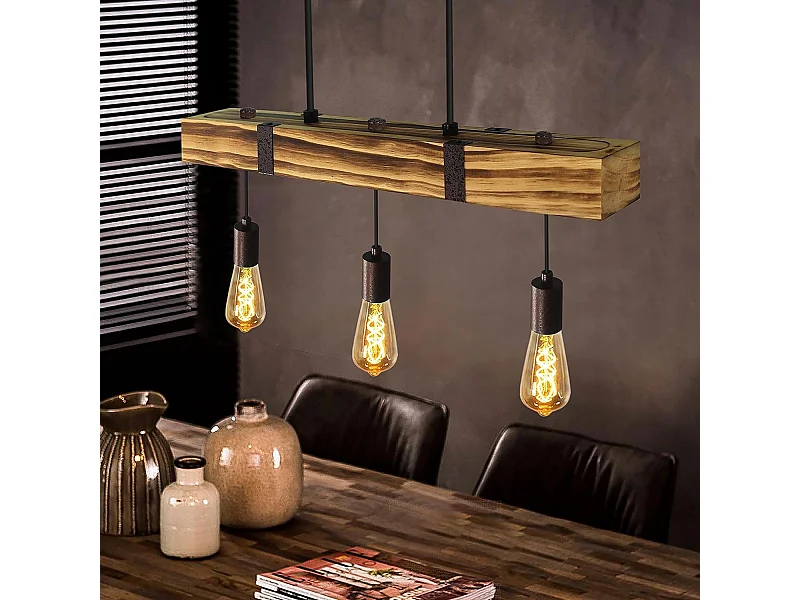 NETTLIFE Suspension 3xE27 rétro Diam.61cm vintage en poutres en bois Hauteur Réglable max.25W pour salle à manger Salon