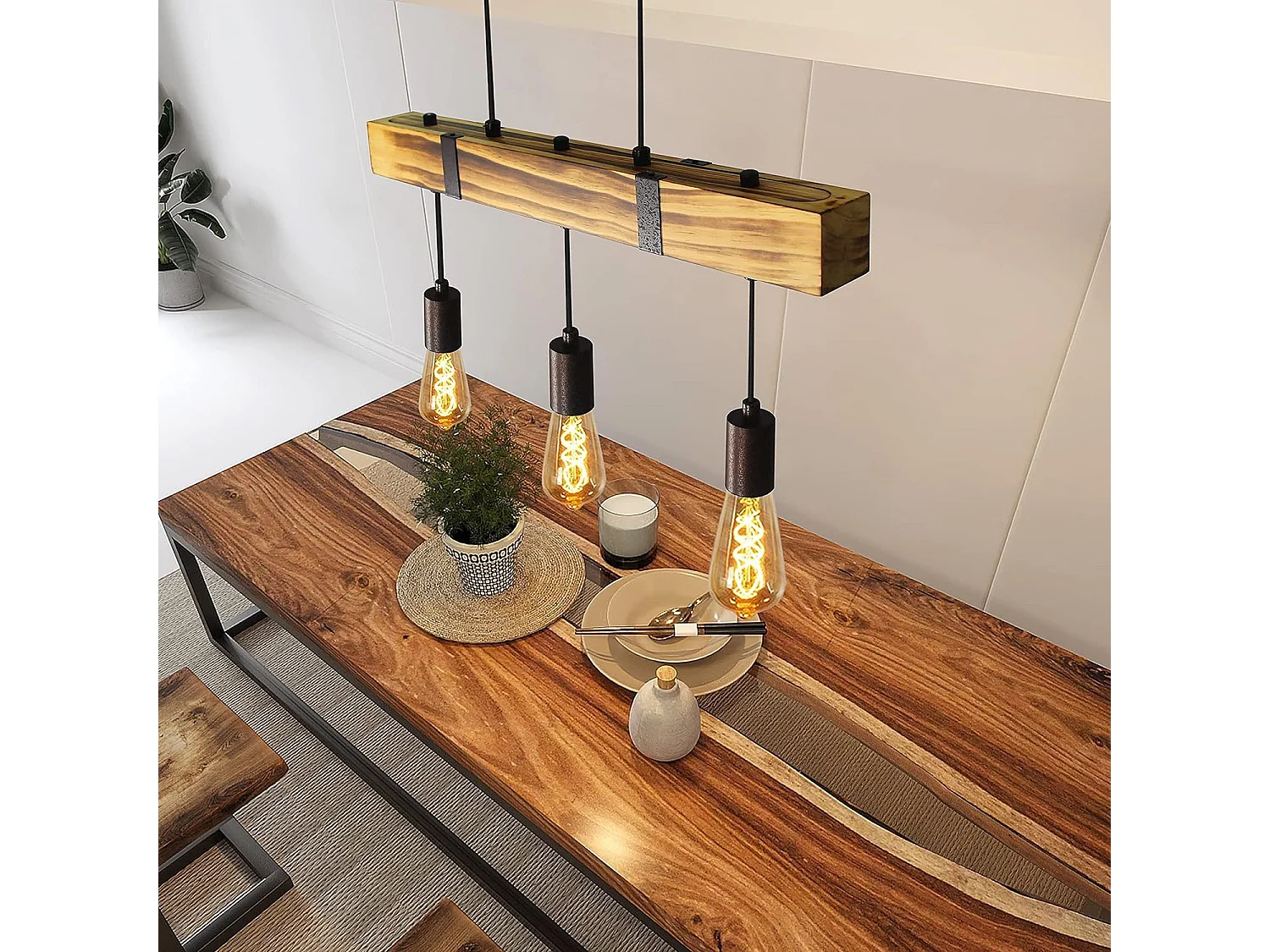 NETTLIFE Hanglamp Vintage - hout - 3xE27 - 61CM - houten balk hanglamp - voor eetkamer keuken woonkamer bar restaurant - max. 25 W