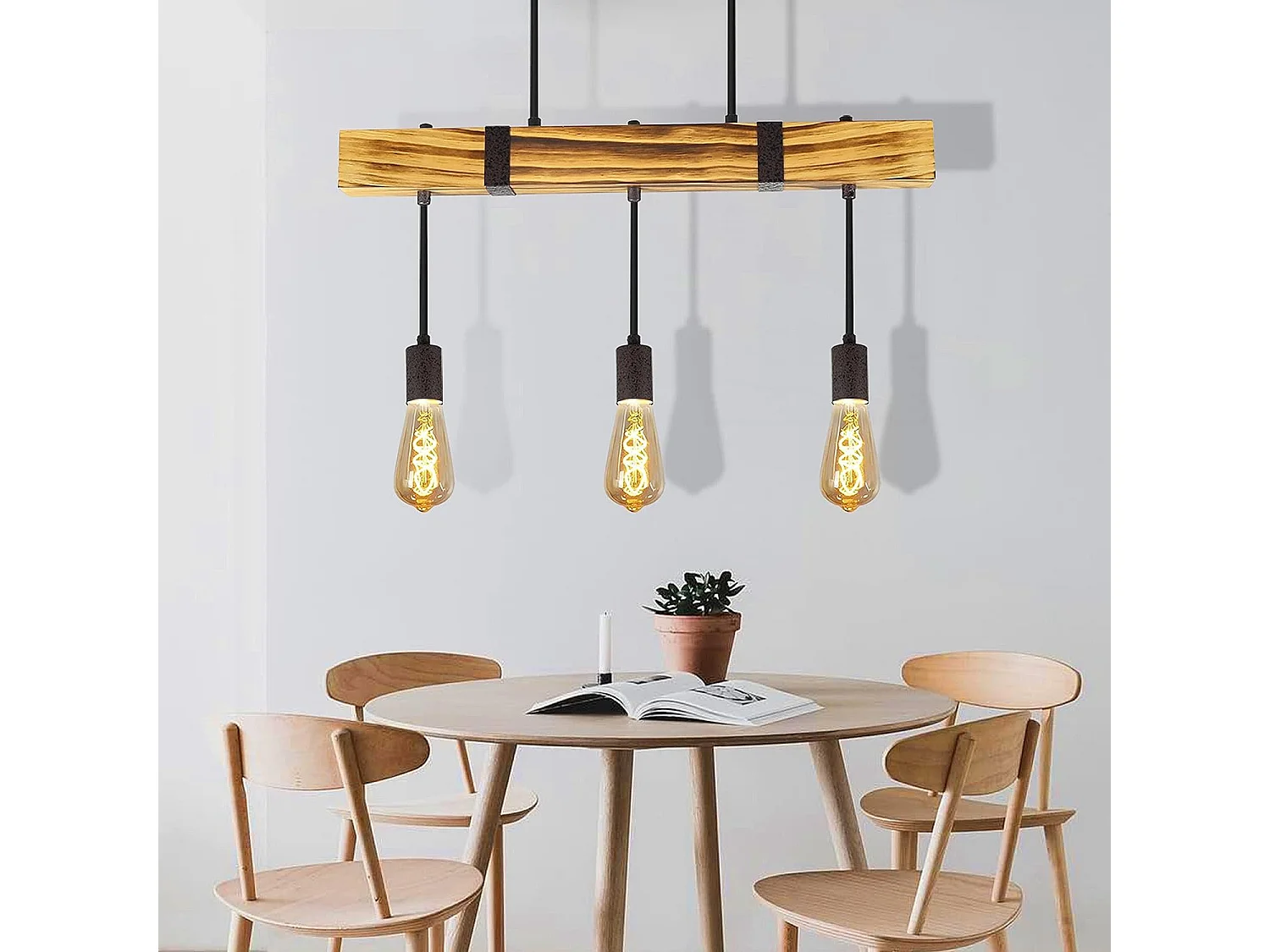 NETTLIFE Hanglamp Vintage - hout - 3xE27 - 61CM - houten balk hanglamp - voor eetkamer keuken woonkamer bar restaurant - max. 25 W