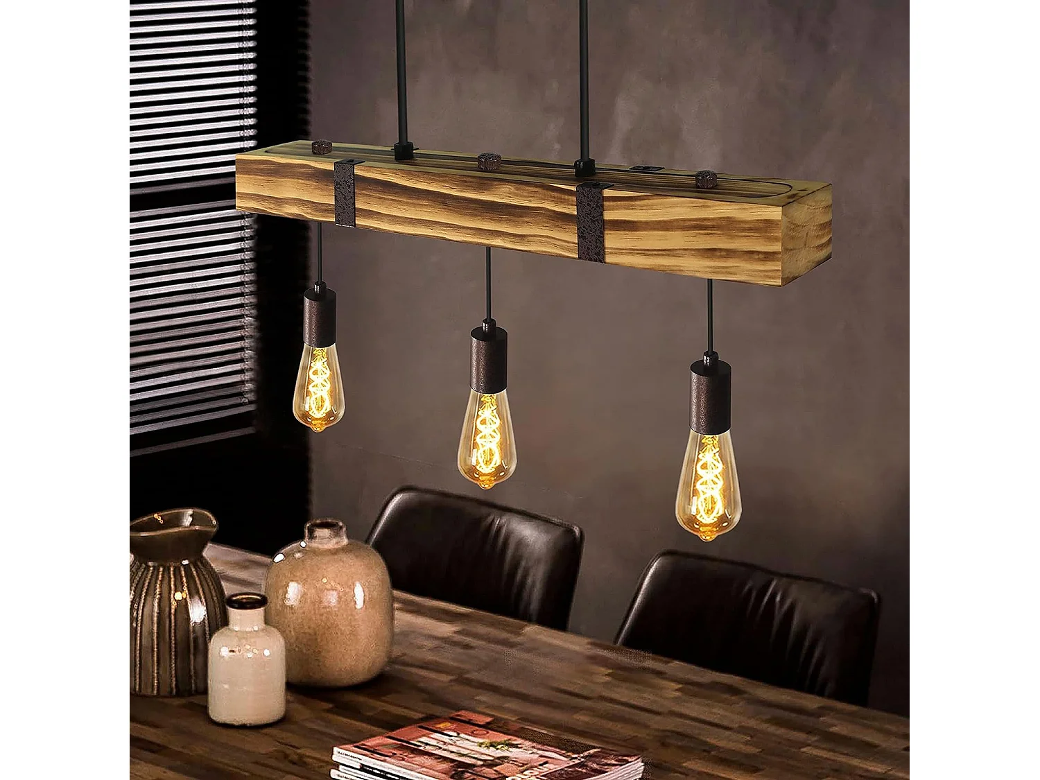 NETTLIFE Suspension 3xE27 rétro Diam.61cm vintage en poutres en bois Hauteur Réglable max.25W pour salle à manger Salon
