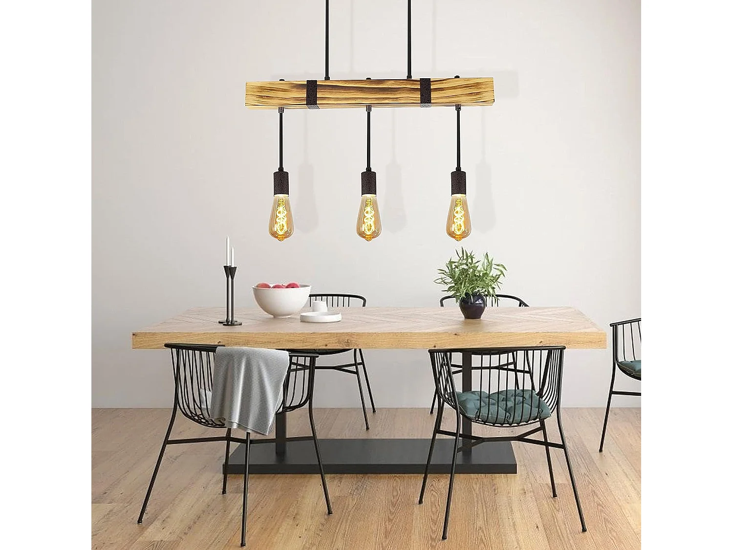 NETTLIFE Suspension 3xE27 rétro Diam.61cm vintage en poutres en bois Hauteur Réglable max.25W pour salle à manger Salon