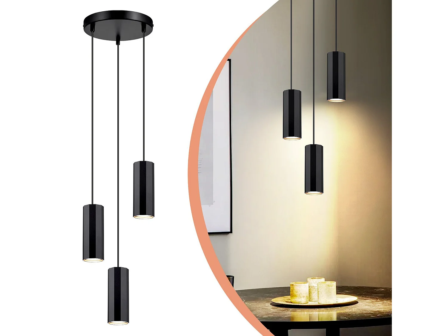 NETTLIFE Czarna metalowa lampa wisząca śr.20 cm GU10 3 płomienie stół do jadalni salon jadalnia nowoczesna lampa przemysłowa do wnętrza kuchni