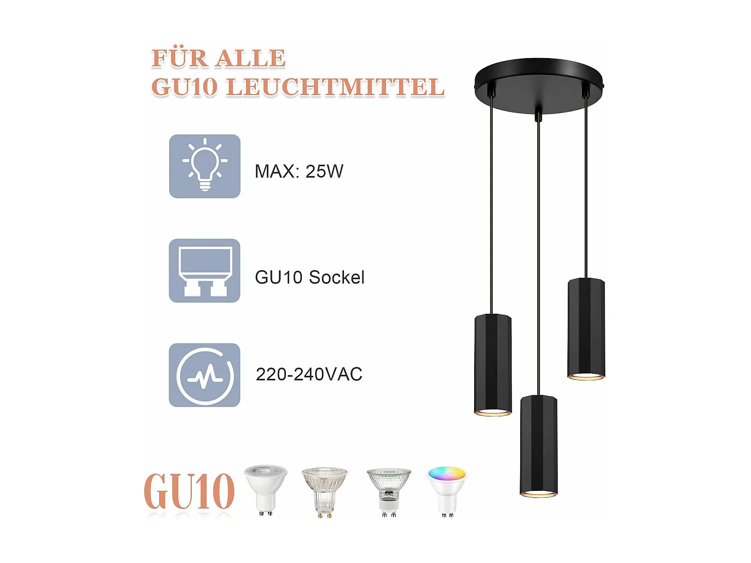 NETTLIFE Czarna metalowa lampa wisząca śr.20 cm GU10 3 płomienie stół do jadalni salon jadalnia nowoczesna lampa przemysłowa do wnętrza kuchni