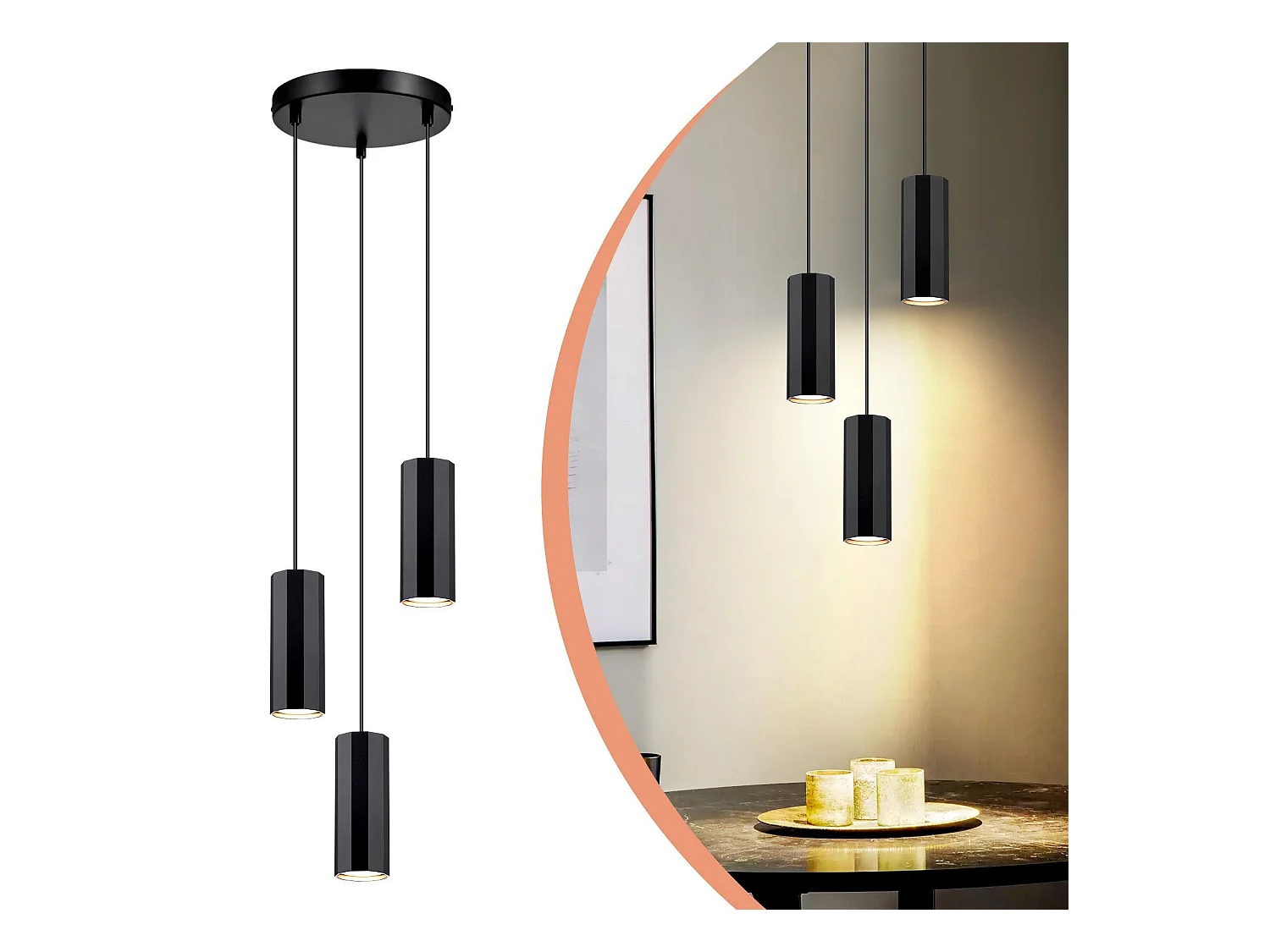 NETTLIFE Suspension métal noir Diam.20 cm GU10 3 flammes table à manger salon salle à manger moderne lampe industrielle pour intérieur cuisine