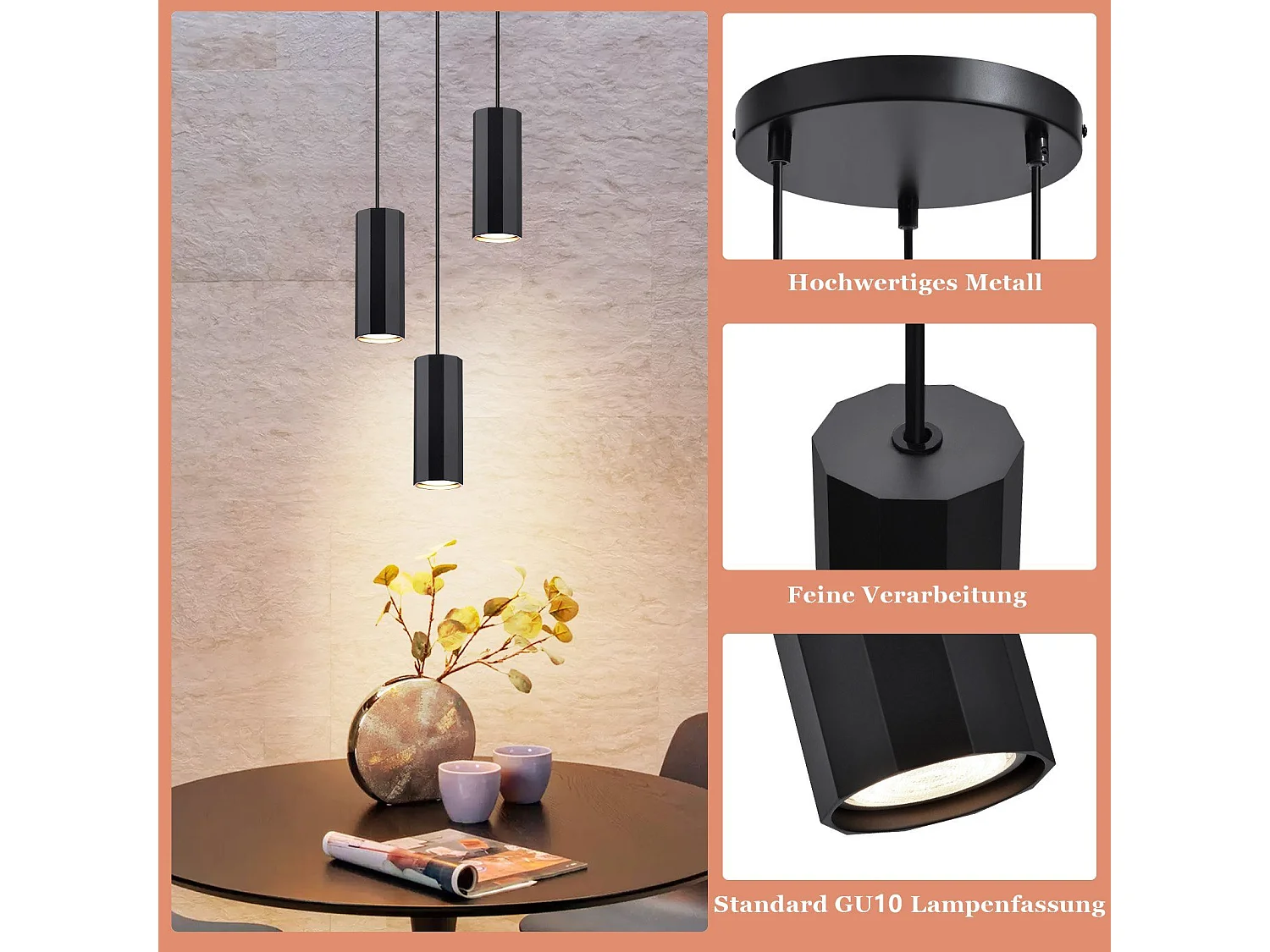 NETTLIFE Suspension métal noir Diam.20 cm GU10 3 flammes table à manger salon salle à manger moderne lampe industrielle pour intérieur cuisine