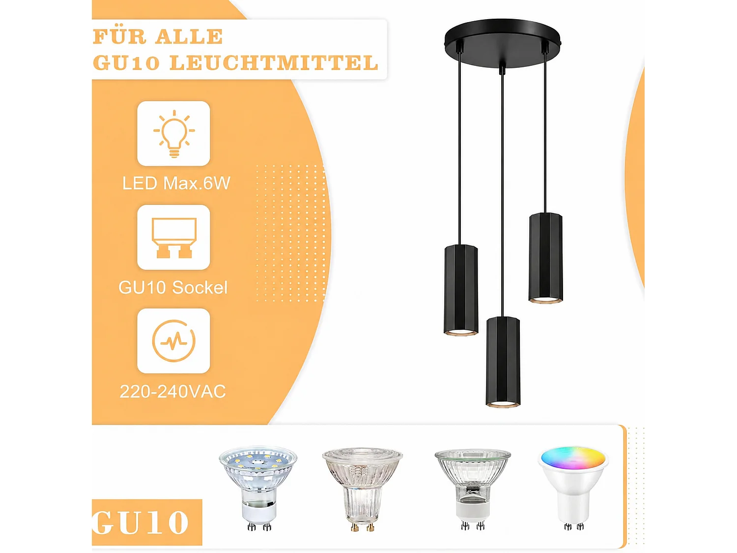 Nettlife Suspension métal noir Diam.20 cm GU10 3 flammes table à manger salon salle à manger moderne lampe industrielle pour intérieur cuisine – Design moderne