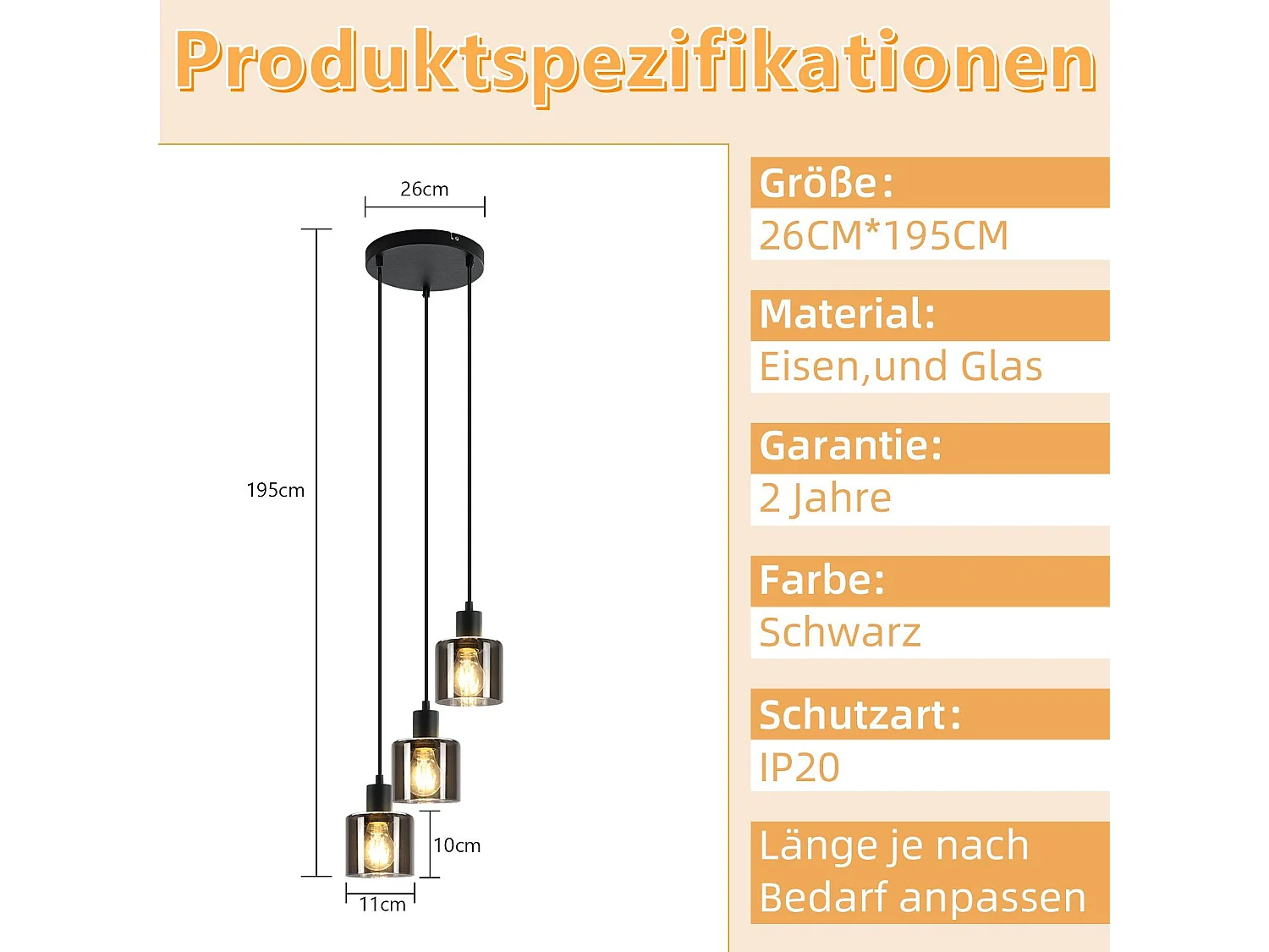 NETTLIFE Czarna szklana lampa wisząca Diam.26cm E27 salon 3 żarówki Vintage lampa do jadalni lampa przemysłowa z regulacją wysokości