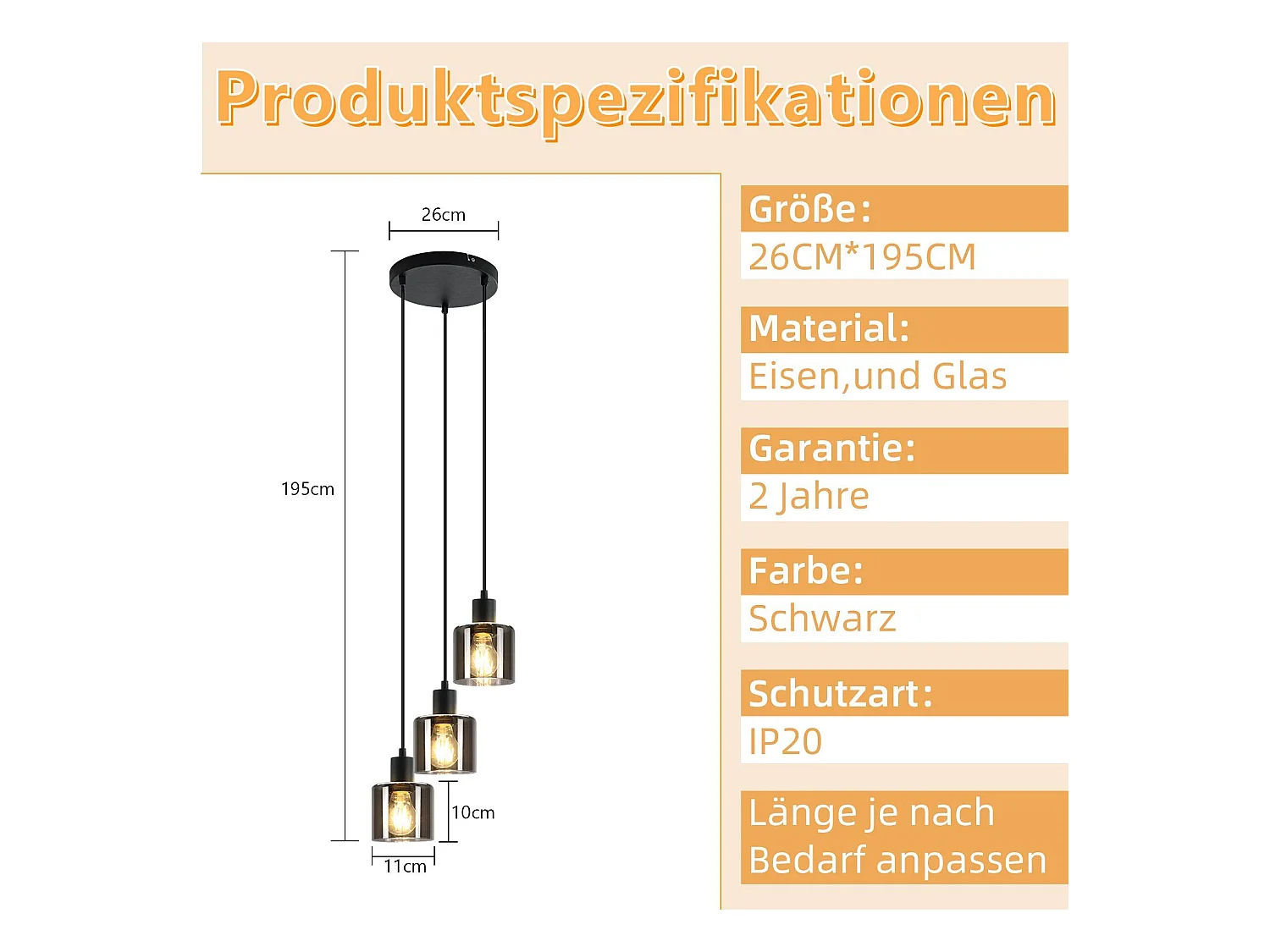 NETTLIFE Suspension Verre Noir Diam.26cm E27 Salon 3 Ampoules Lampe de Salle à Manger Vintage Lampe à Industrielle Réglable en Hauteur