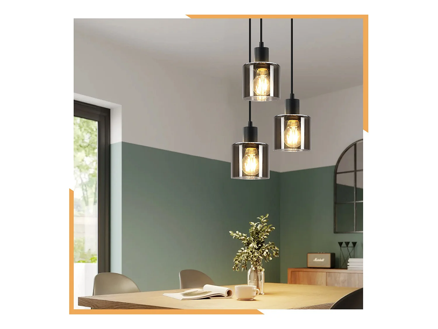 NETTLIFE Suspension Verre Noir Diam.26cm E27 Salon 3 Ampoules Lampe de Salle à Manger Vintage Lampe à Industrielle Réglable en Hauteur