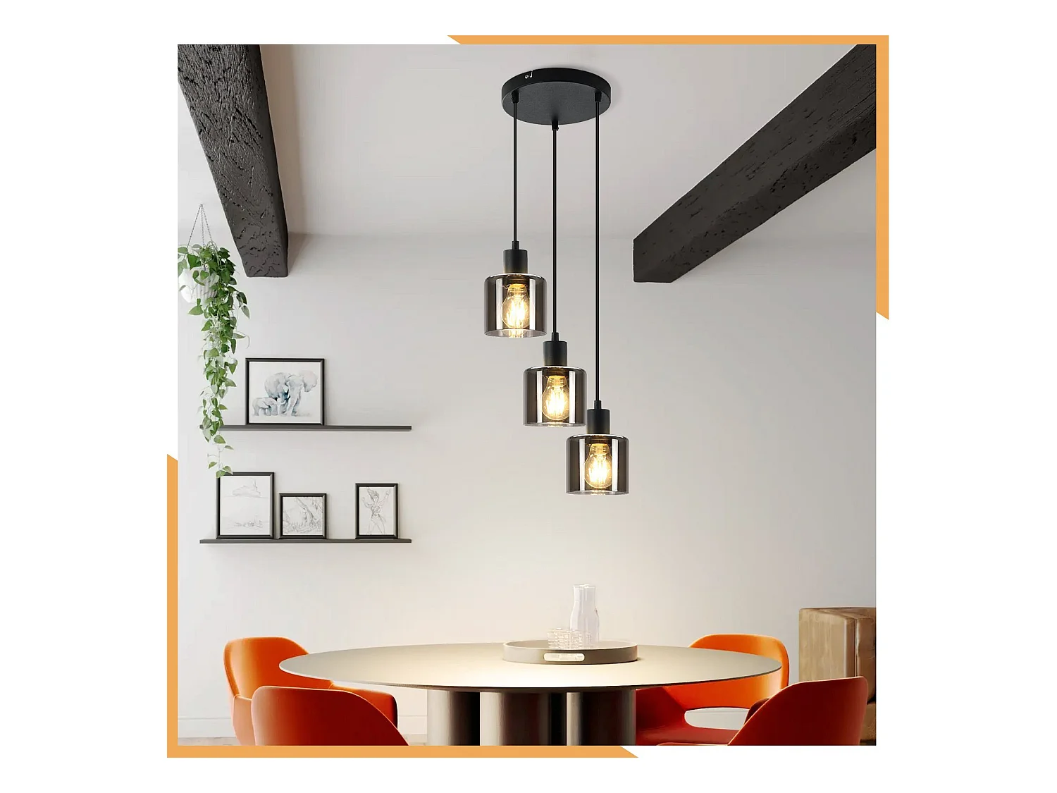 NETTLIFE Suspension Verre Noir Diam.26cm E27 Salon 3 Ampoules Lampe de Salle à Manger Vintage Lampe à Industrielle Réglable en Hauteur