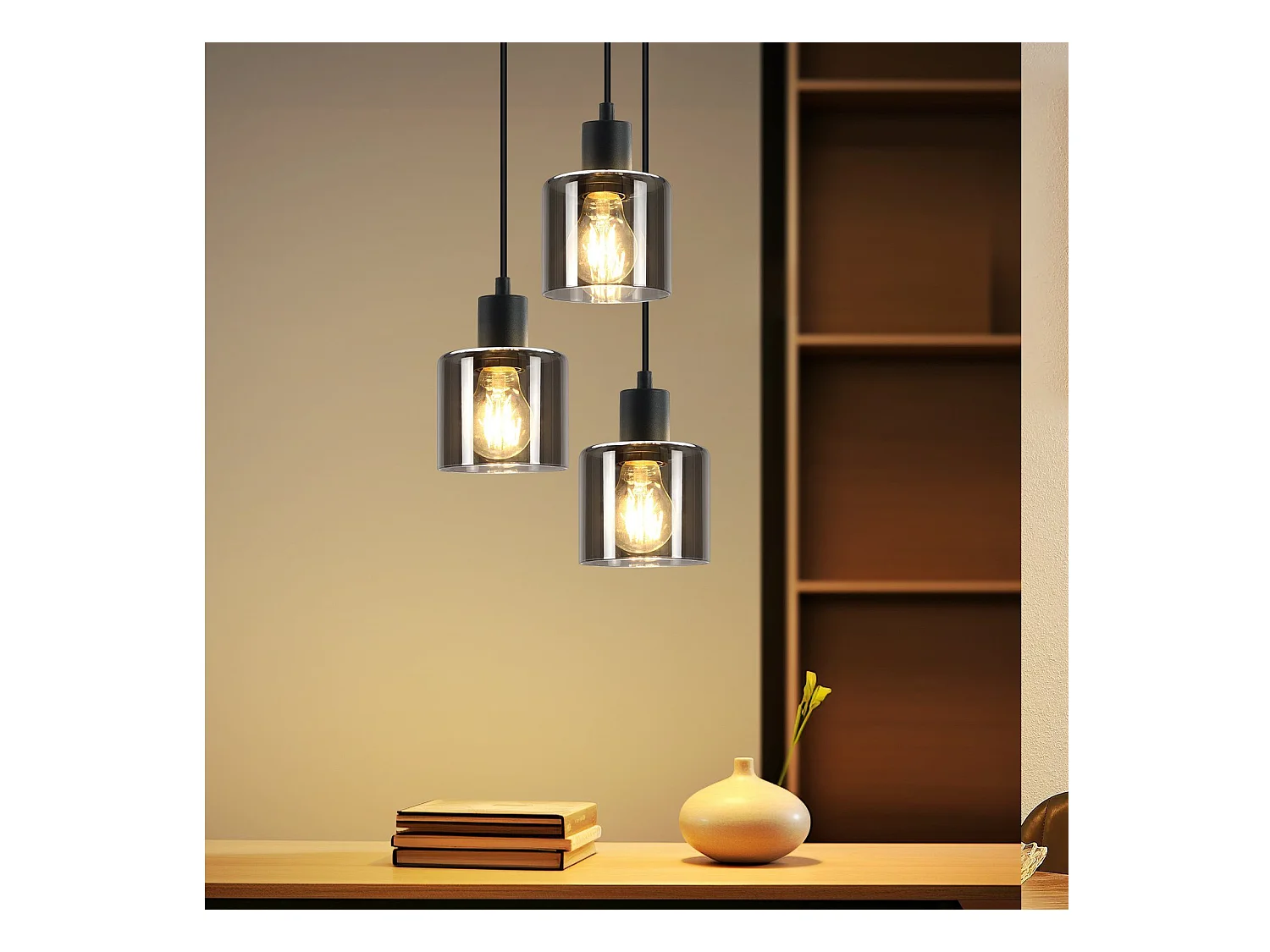 NETTLIFE Suspension Verre Noir Diam.26cm E27 Salon 3 Ampoules Lampe de Salle à Manger Vintage Lampe à Industrielle Réglable en Hauteur