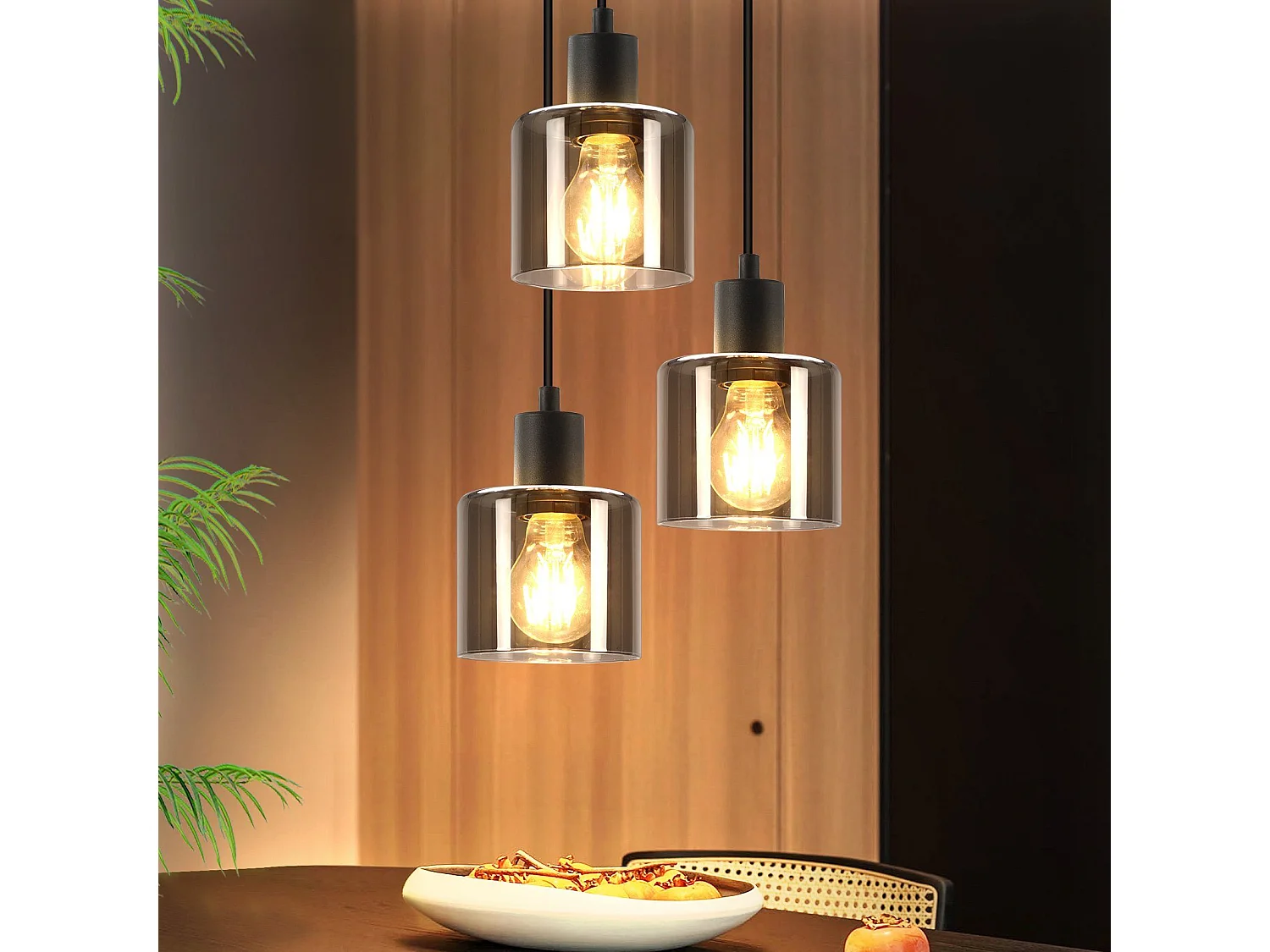 NETTLIFE Suspension Verre Noir Diam.26cm E27 Salon 3 Ampoules Lampe de Salle à Manger Vintage Lampe à Industrielle Réglable en Hauteur