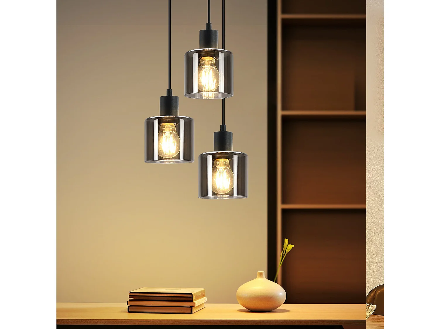 NETTLIFE Suspension Verre Noir Diam.26cm E27 Salon 3 Ampoules Lampe de Salle à Manger Vintage Lampe à Industrielle Réglable en Hauteur