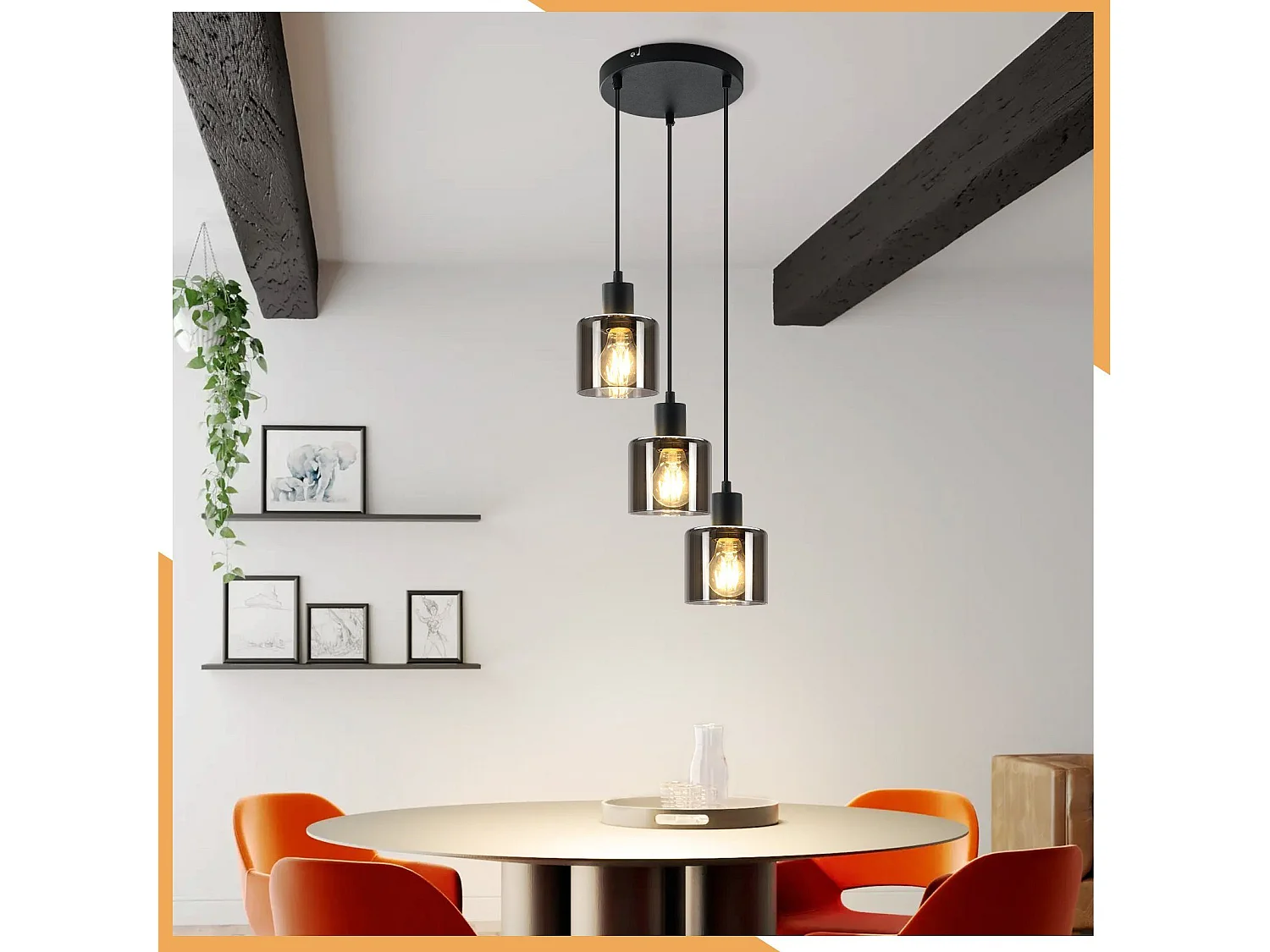 NETTLIFE Suspension Verre Noir Diam.26cm E27 Salon 3 Ampoules Lampe de Salle à Manger Vintage Lampe à Industrielle Réglable en Hauteur