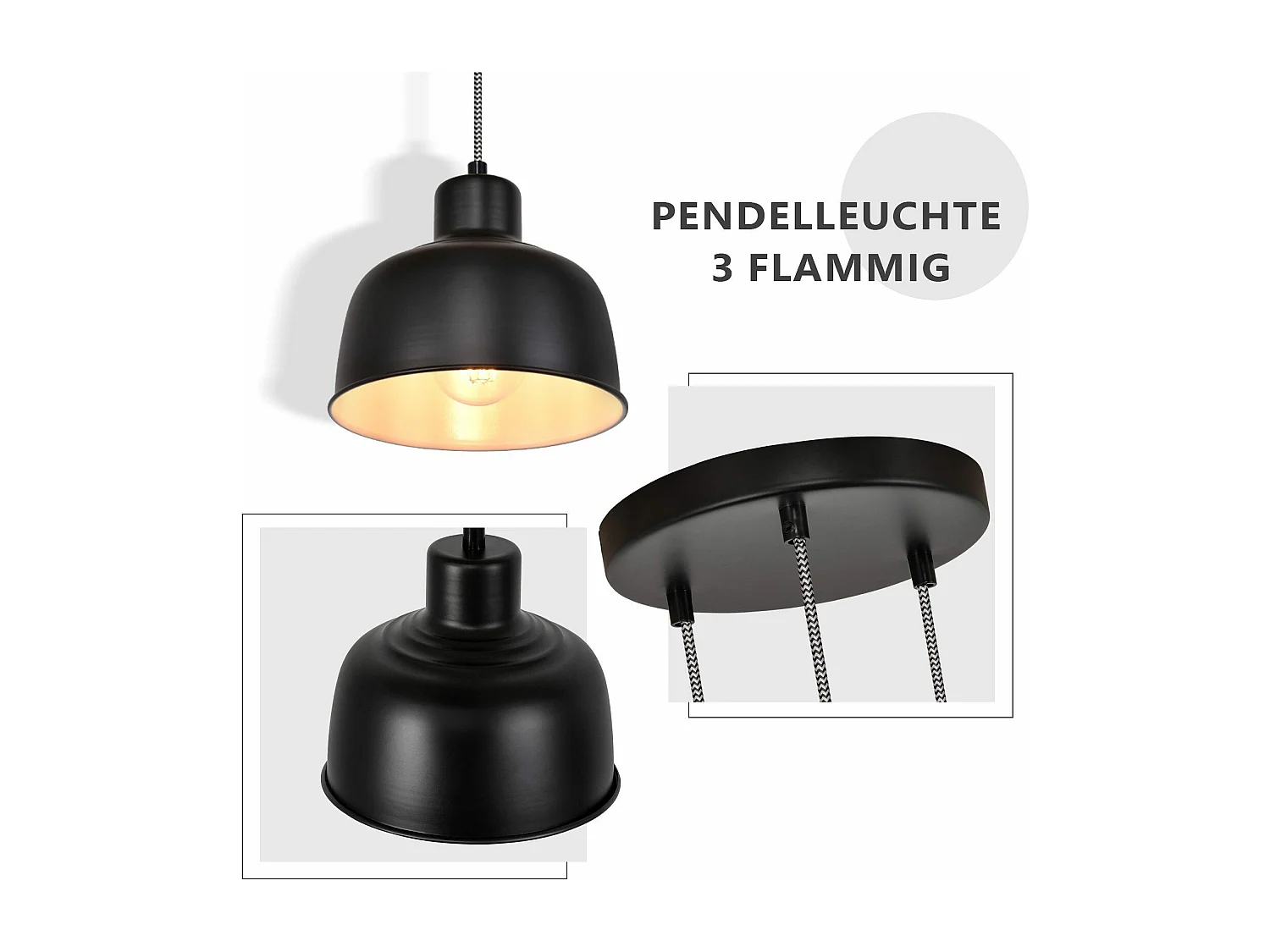 NETTLIFE Metall Pendelleuchte Diam.17,8cm E27 Schwarz Vintage Industrie Retro Küchenlampe 3 Flammig für Esszimmer Schlafzimmer Wohnzimmer Küche Hotel