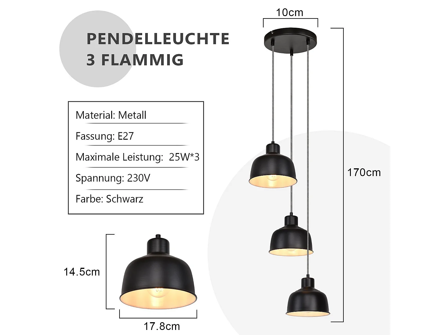 NETTLIFE Suspension Métal Diam.17,8 cm E27 Noir Vintage Industriel Rétro Cuisine Lampe 3 Ampoules pour Salle à Manger Chambre Salon Cuisine Hôtel
