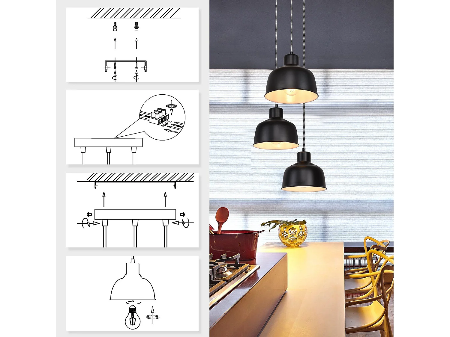 NETTLIFE Suspension Métal Diam.17,8 cm E27 Noir Vintage Industriel Rétro Cuisine Lampe 3 Ampoules pour Salle à Manger Chambre Salon Cuisine Hôtel