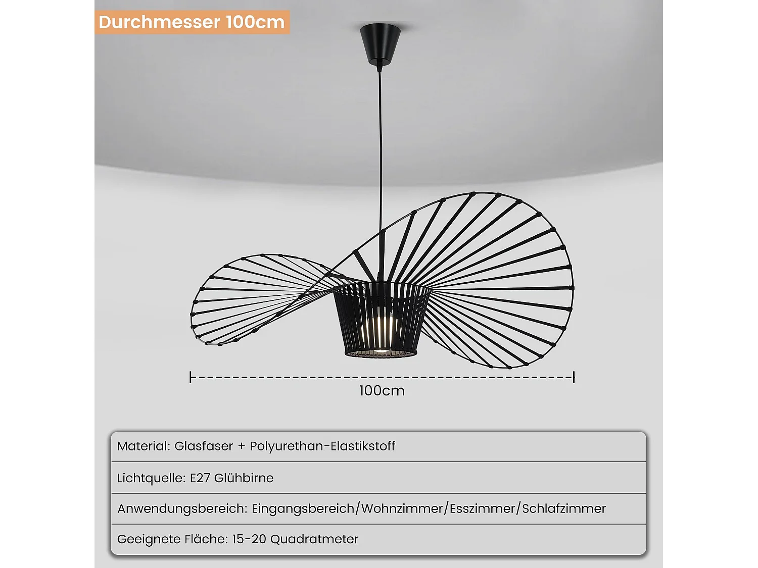 NETTLIFE Hanglamp - 100cm - Zwart - E27 fitting - Hoed Lampenkap Design - Eettafel Hanglamp - Modern Kroonluchter - Voor Woonkamer | Keuken | Eetkamer | Slaapkamer