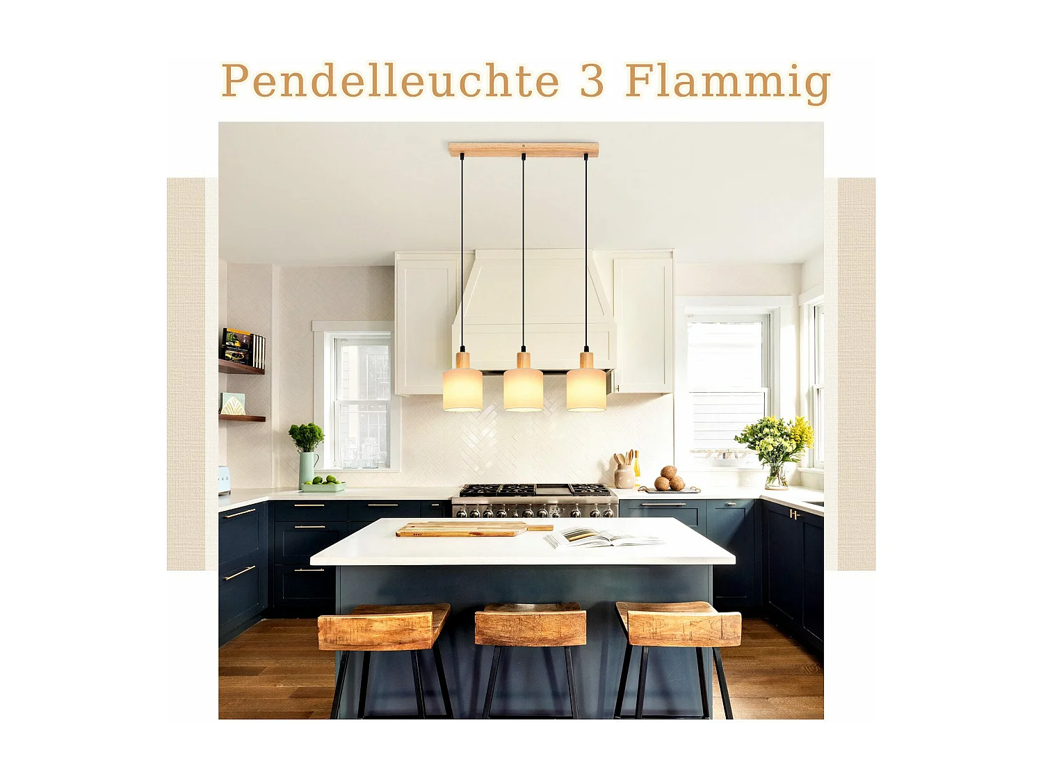 NETTLIFE Lámpara colgante de madera blanca Diam.47 cm E14 pantalla de tela colgante rústica vintage para restaurante cocina salón oficina