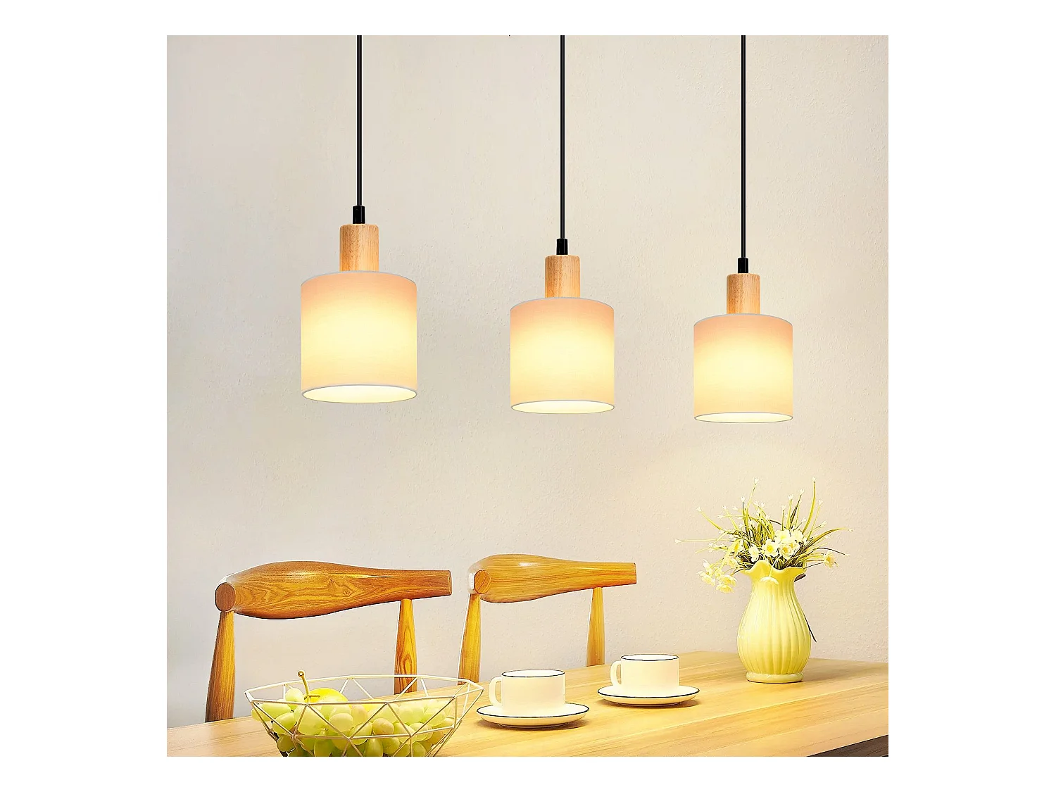 NETTLIFE Suspension bois blanc Diam.47 cm E14 vintage rustique abat-jour en tissu suspendu pour restaurant cuisine salon bureau