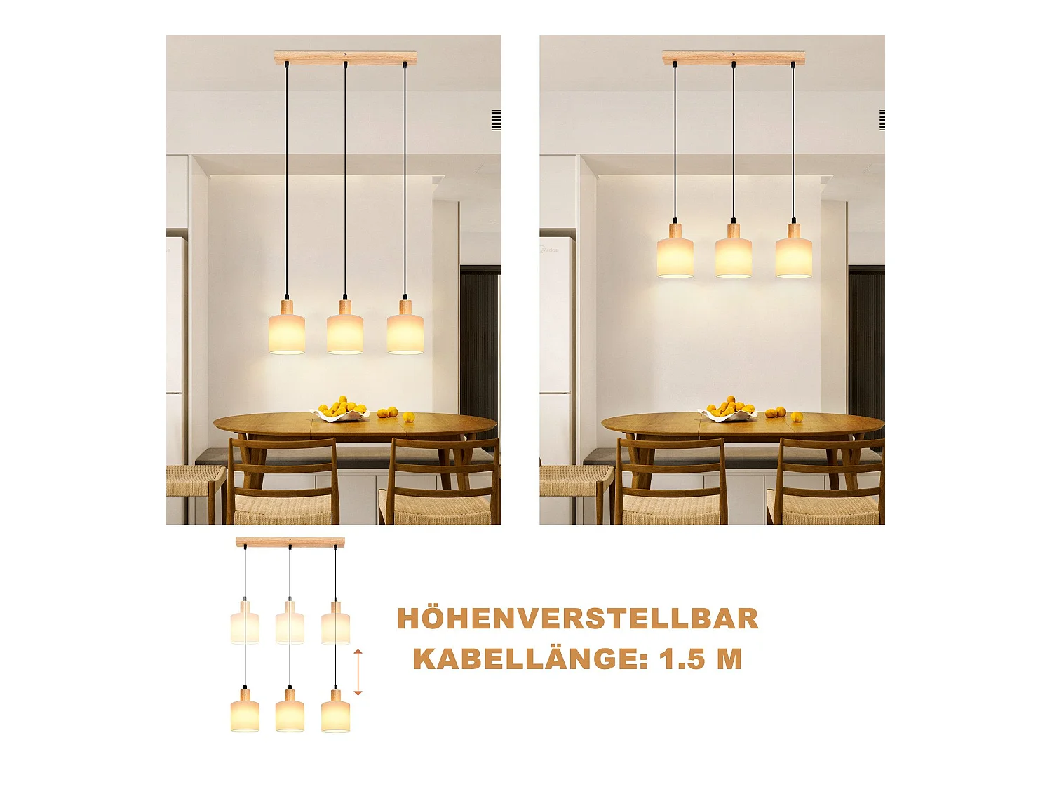 NETTLIFE Suspension bois blanc Diam.47 cm E14 vintage rustique abat-jour en tissu suspendu pour restaurant cuisine salon bureau