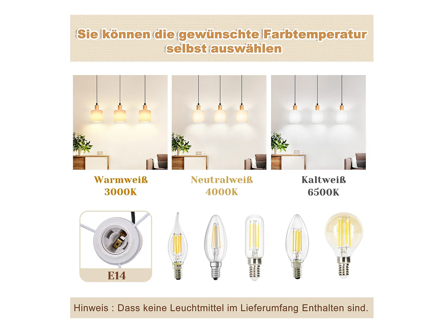 NETTLIFE Suspension bois blanc Diam.47 cm E14 vintage rustique abat-jour en tissu suspendu pour restaurant cuisine salon bureau