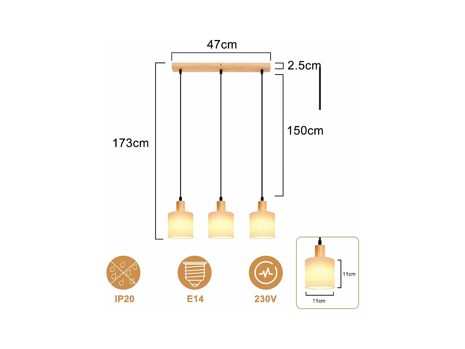 NETTLIFE Suspension bois blanc Diam.47 cm E14 vintage rustique abat-jour en tissu suspendu pour restaurant cuisine salon bureau