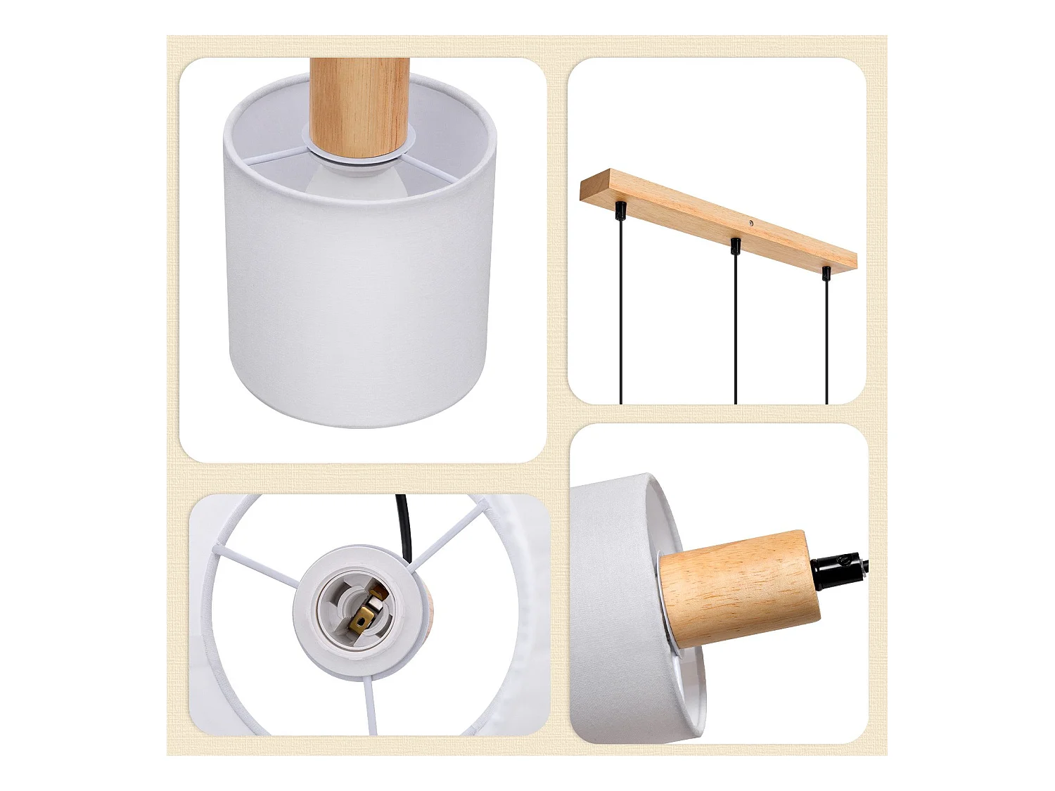 NETTLIFE Suspension bois blanc Diam.47 cm E14 vintage rustique abat-jour en tissu suspendu pour restaurant cuisine salon bureau
