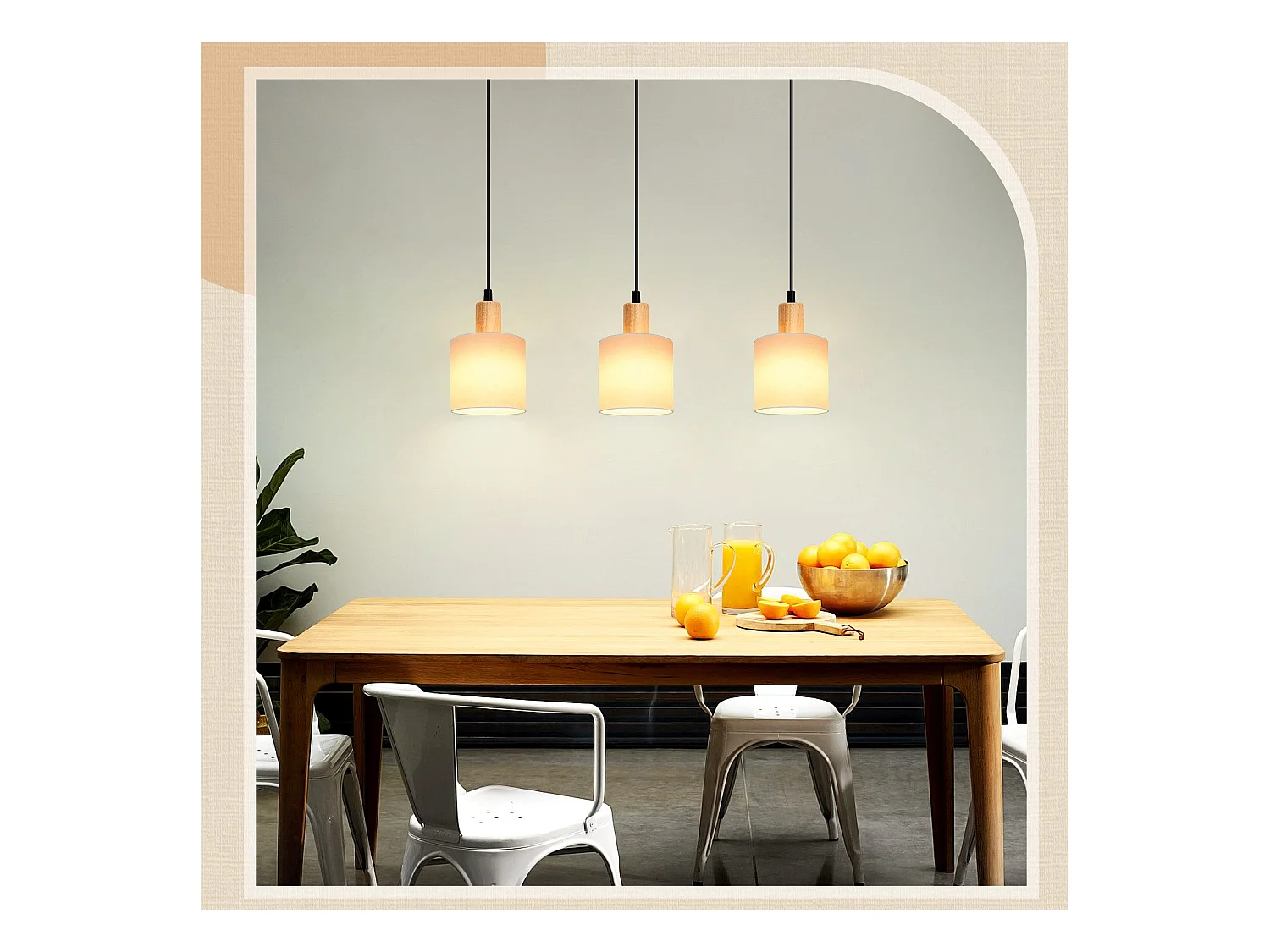 NETTLIFE Suspension bois blanc Diam.47 cm E14 vintage rustique abat-jour en tissu suspendu pour restaurant cuisine salon bureau