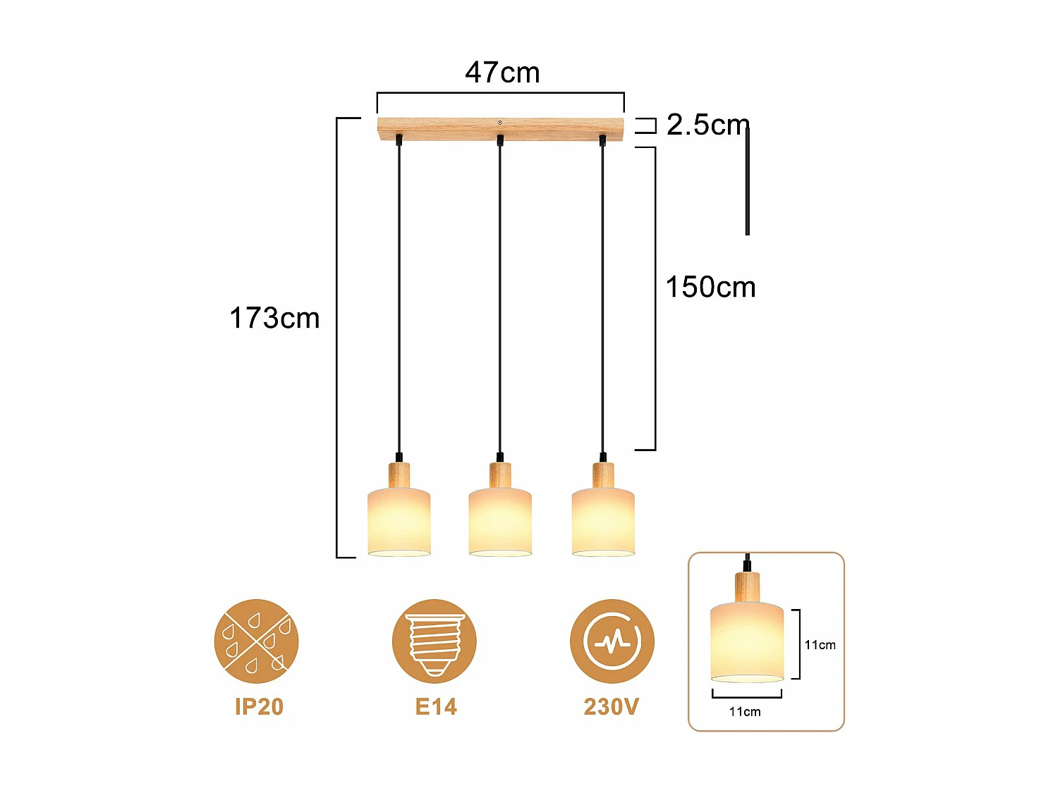 NETTLIFE Hanglamp - 3xE14 - hout Design - vintage eetkamerlamp - wit - stoffen kap = voor restaurant | keuken | woonkamer | studeerkamer