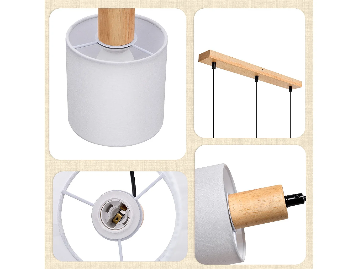 NETTLIFE Hanglamp - 3xE14 - hout Design - vintage eetkamerlamp - wit - stoffen kap = voor restaurant | keuken | woonkamer | studeerkamer