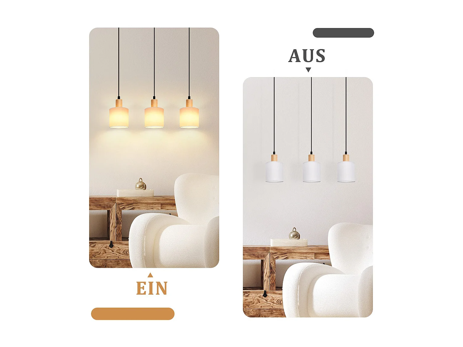 NETTLIFE Hanglamp - 3xE14 - hout Design - vintage eetkamerlamp - wit - stoffen kap = voor restaurant | keuken | woonkamer | studeerkamer