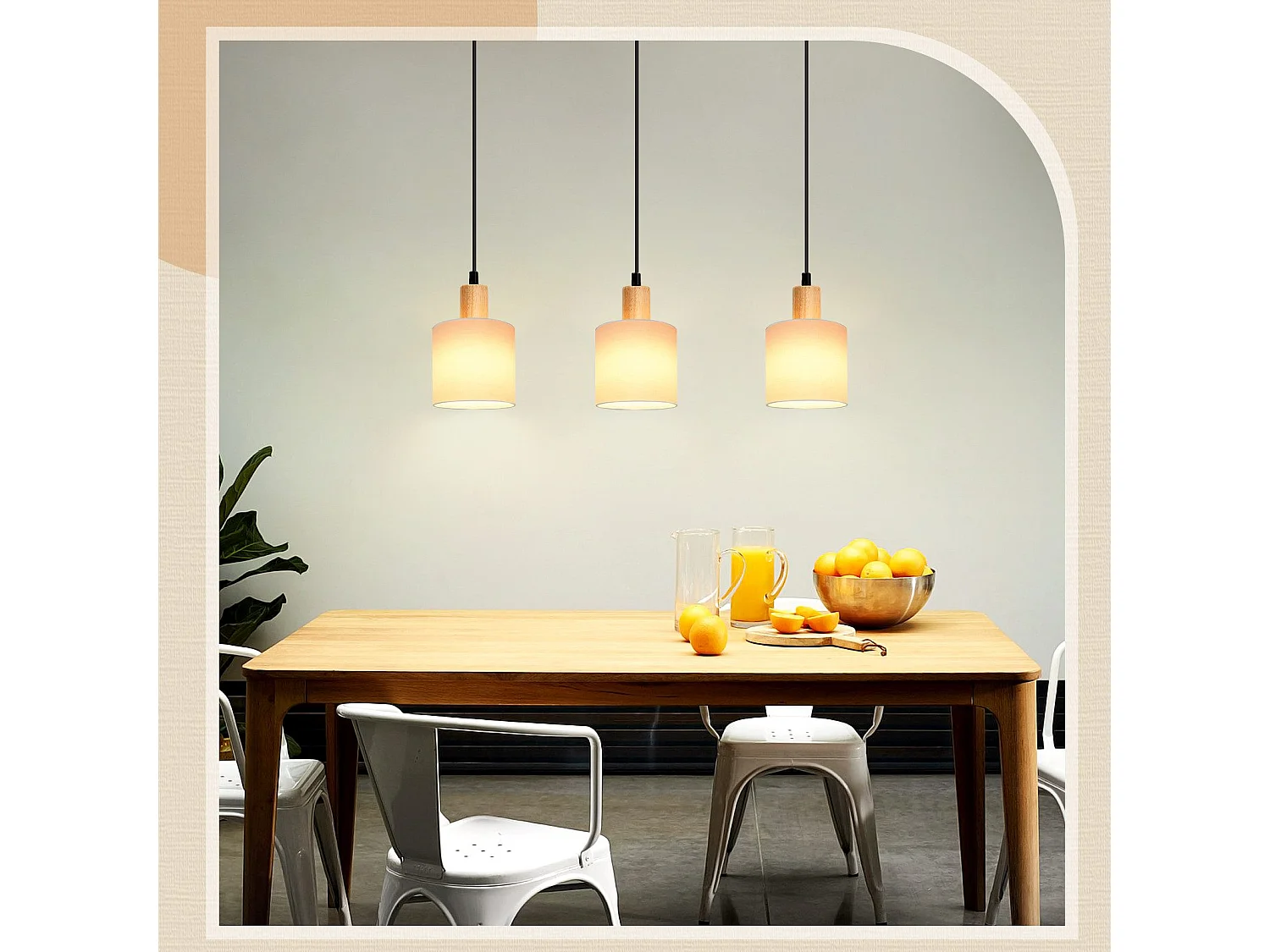 NETTLIFE Hanglamp - 3xE14 - hout Design - vintage eetkamerlamp - wit - stoffen kap = voor restaurant | keuken | woonkamer | studeerkamer