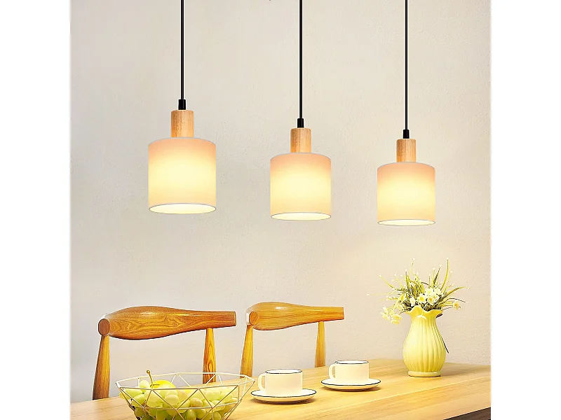 NETTLIFE Suspension bois blanc Diam.47 cm E14 vintage rustique abat-jour en tissu suspendu pour restaurant cuisine salon bureau