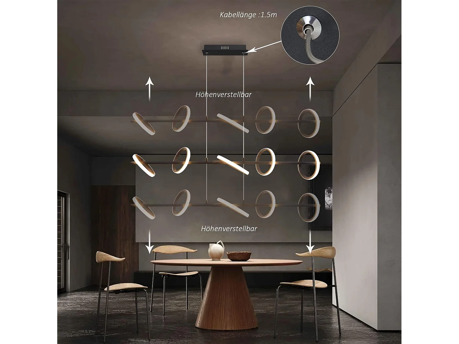 NETTLIFE Nowoczesna lampa wisząca LED Czarna średnica 106 cm Ściemnialna konstrukcja pierścienia z pilotem 42 W Metalowa regulowana wysokość do salonu