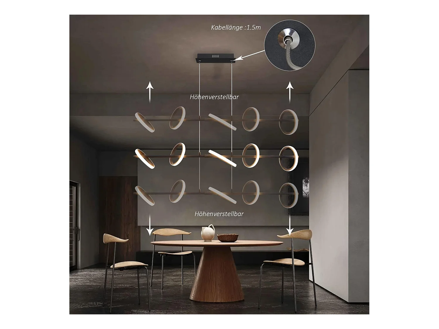 NETTLIFE Lámpara Colgante LED Moderna Negro Diam.106CM Diseño de Anillo Regulable con Mando a Distancia 42W Metal Regulable en Altura para  Salón