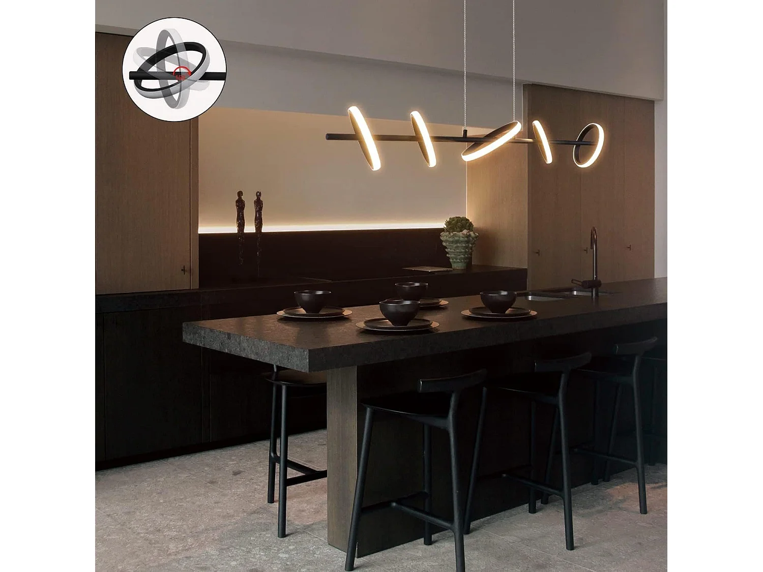 NETTLIFE Suspension LED Moderne Noir Diam.106CM Anneau Design Dimmable avec Télécommande 42W Métal Hauteur Réglable pour Salle à Manger Salon