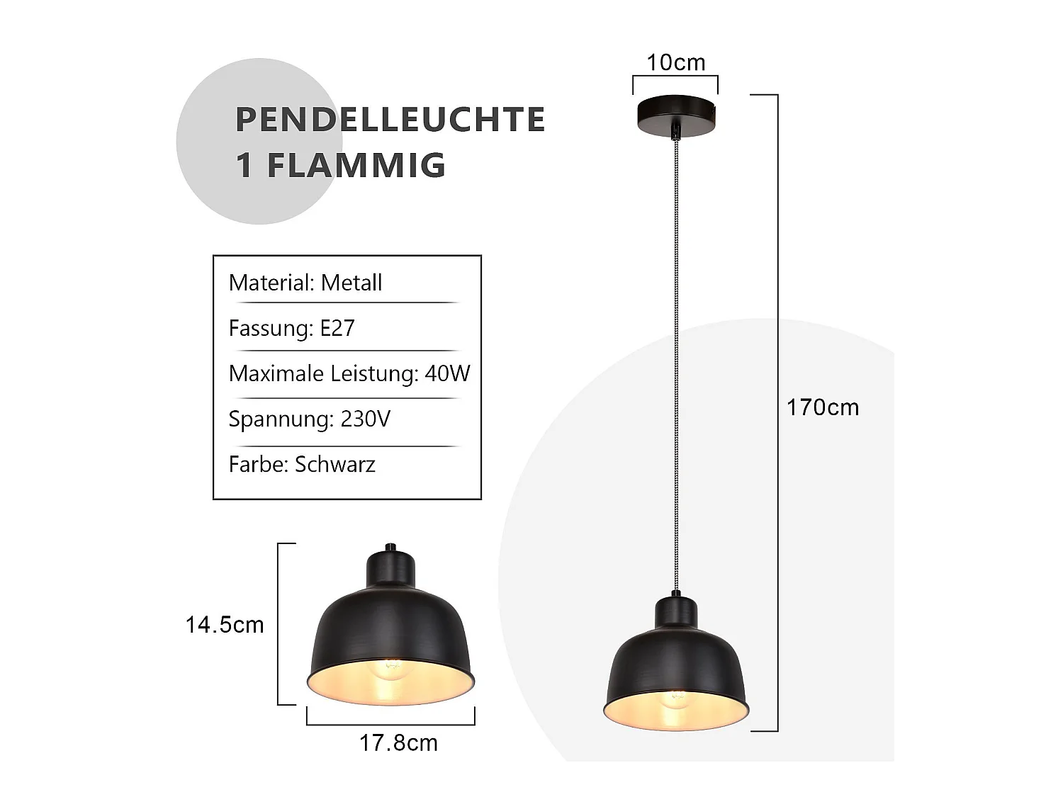 NETTLIFE Suspension Métal Noir E27 Diam.170cm Table à Vintage Lampe Industrielle 1 Ampoule pour Salon Salle à Manger Chambre Restaurant Bureau